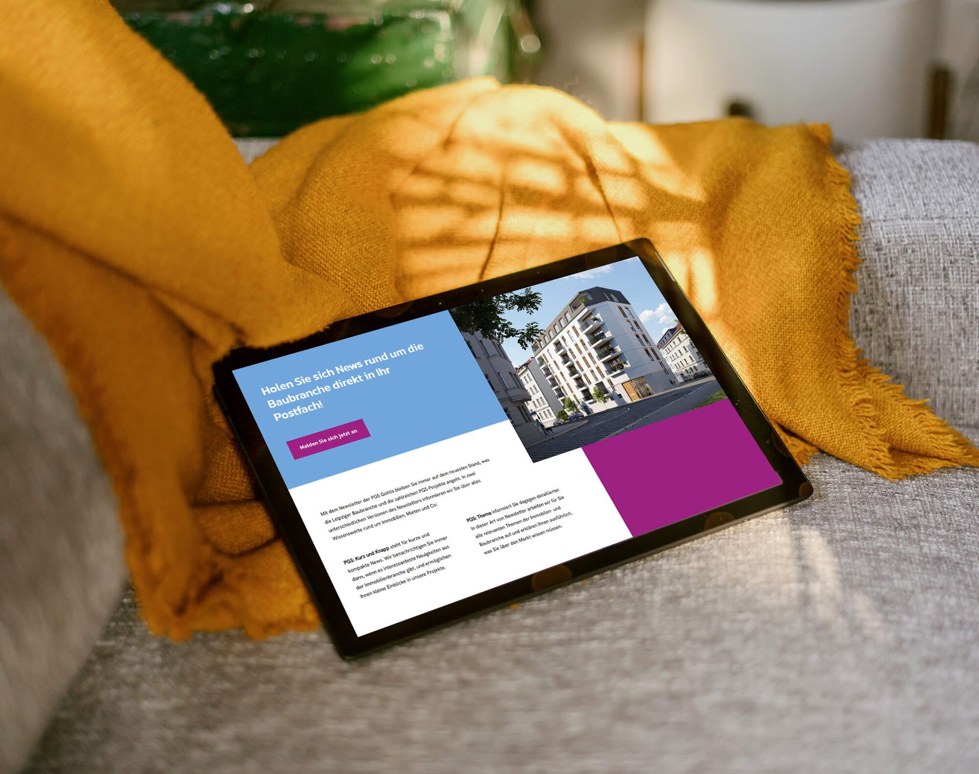 Tablet zeigt landingpage des Wohnprojektes