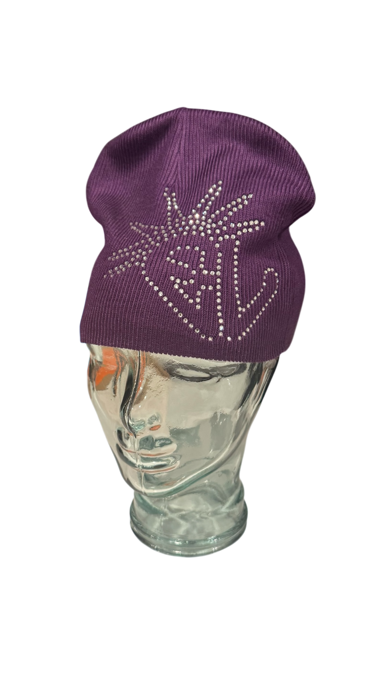 Purple knit beanie hat with rhinestone embellishment on a transparent mannequin head.