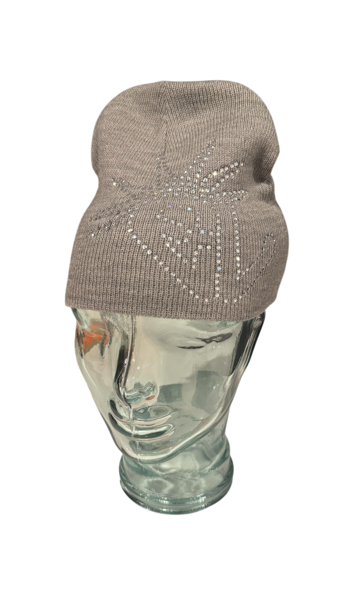 Gray knit beanie hat with rhinestone embellishments on a transparent mannequin head.