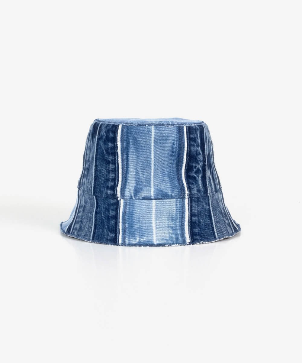 Front view of blue multi-tone upcycled denim unisex bucket hat