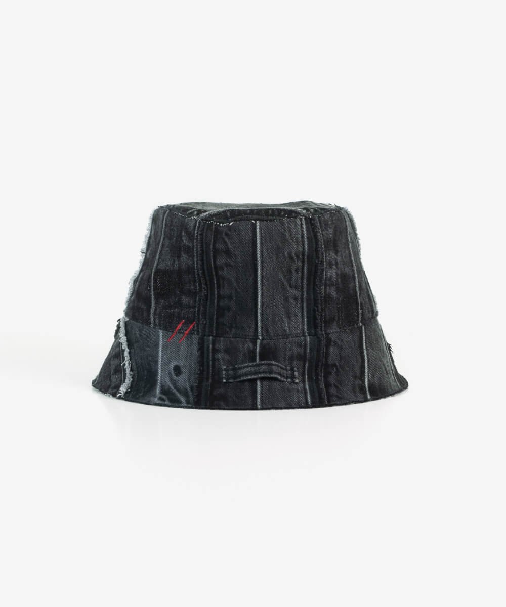 Back view of upcycled black denim unisex bucket hat with hanging loop and brand logo
