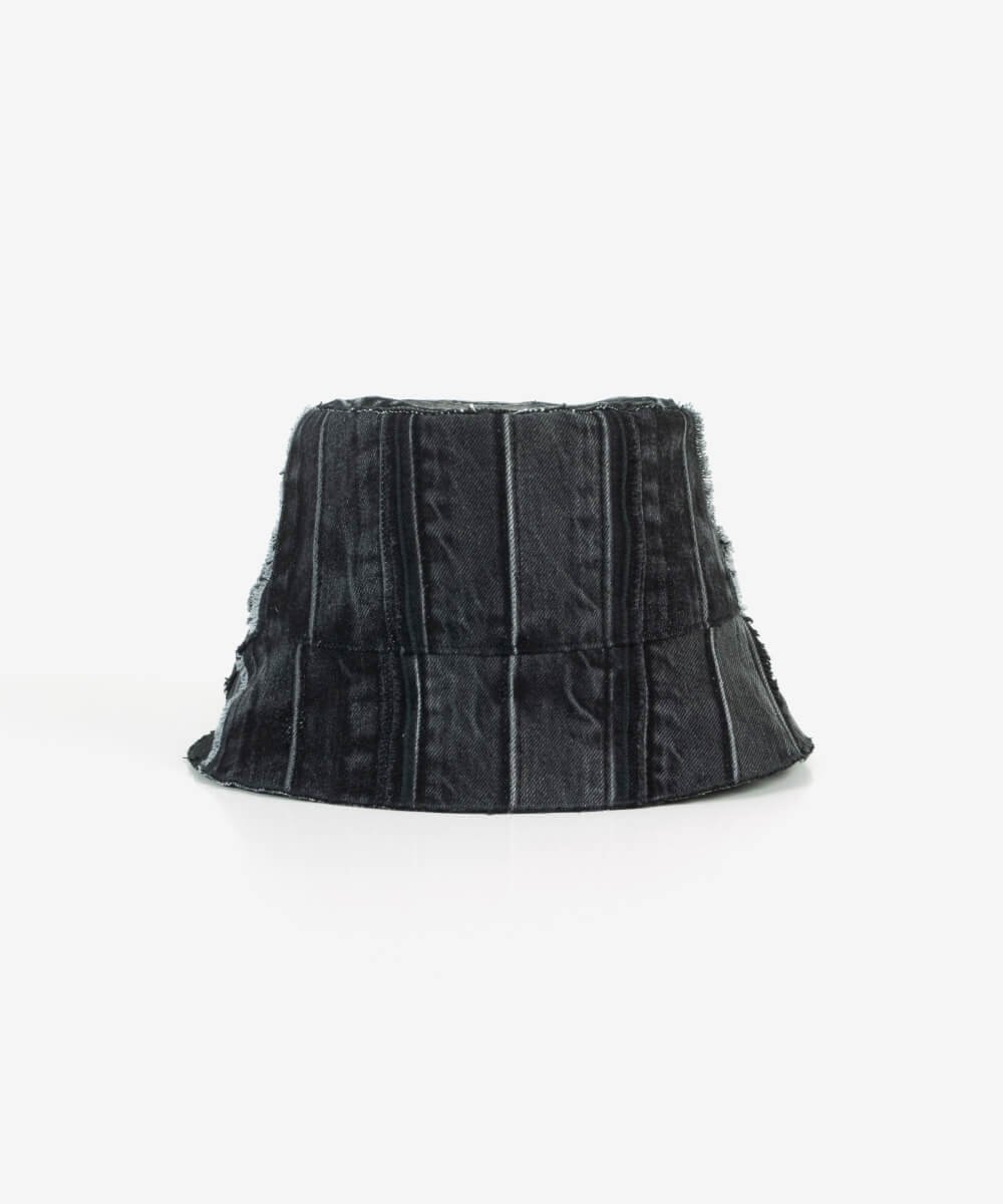 Front view of black denim unisex bucket hat made from upcycled materials