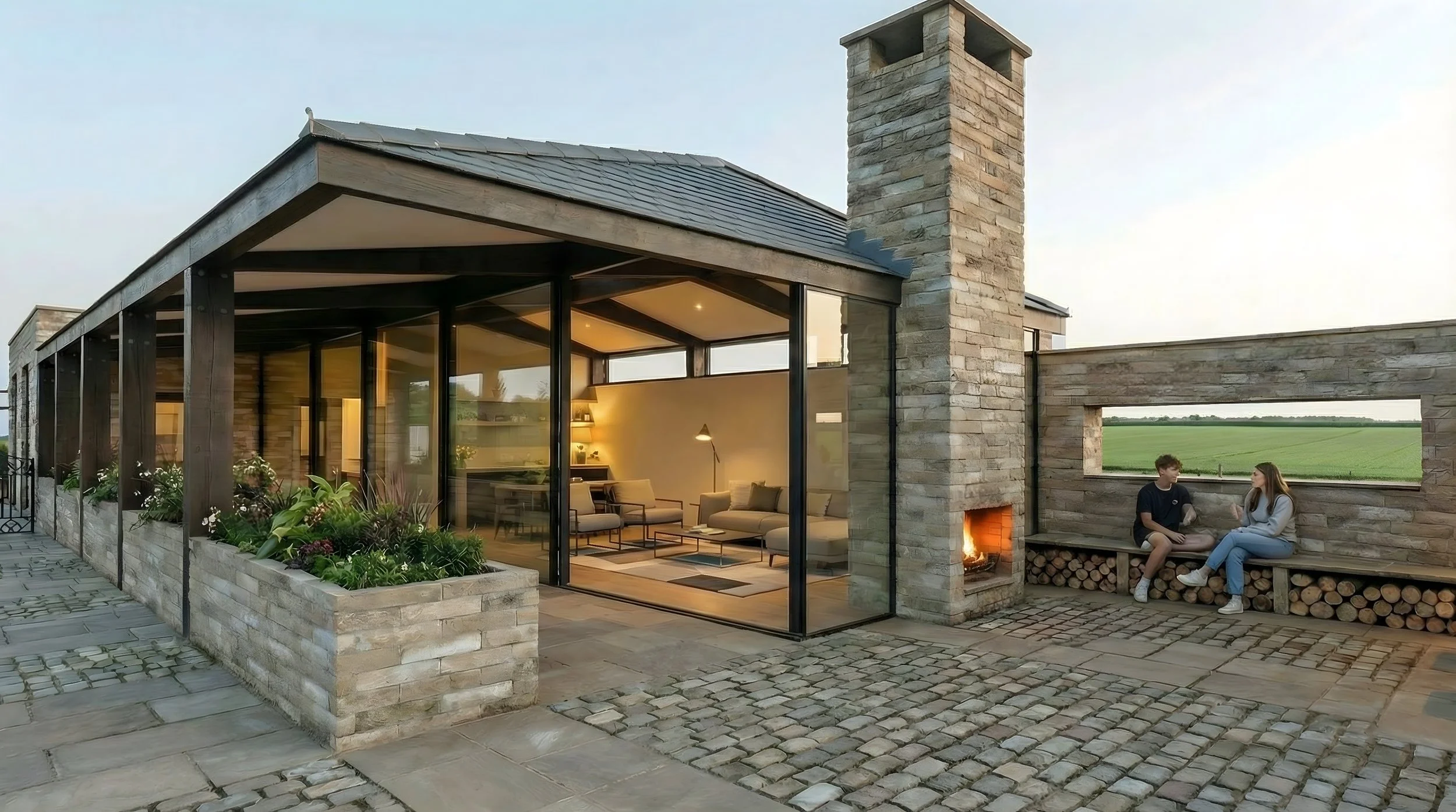Contemporary stone outbuilding extension with open fireplace, cobbled courtyard terrace and glazed sliding doors to living space.