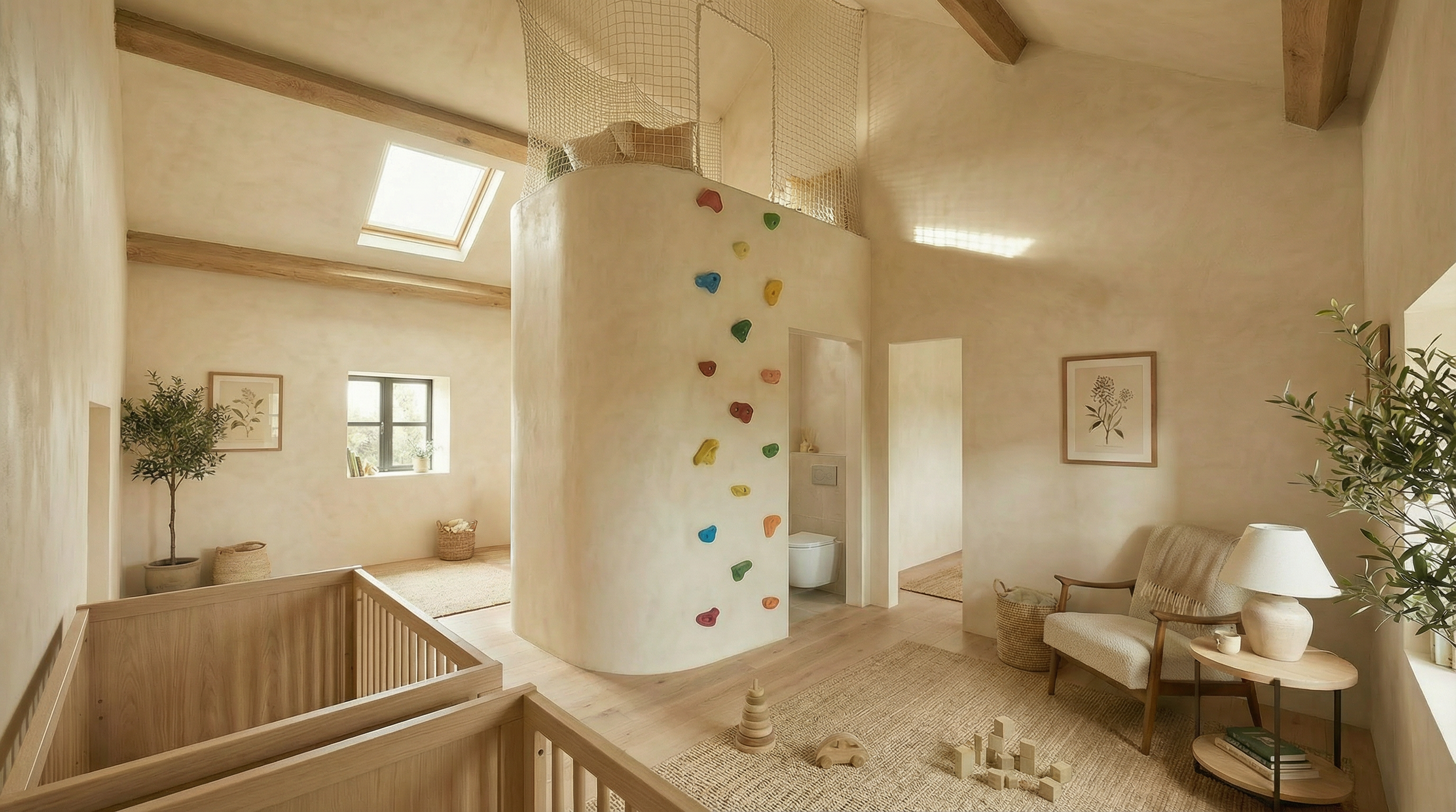 Children's bedroom with built-in climbing wall tower, rope net mezzanine, exposed oak beams and skylight, family home interior design.