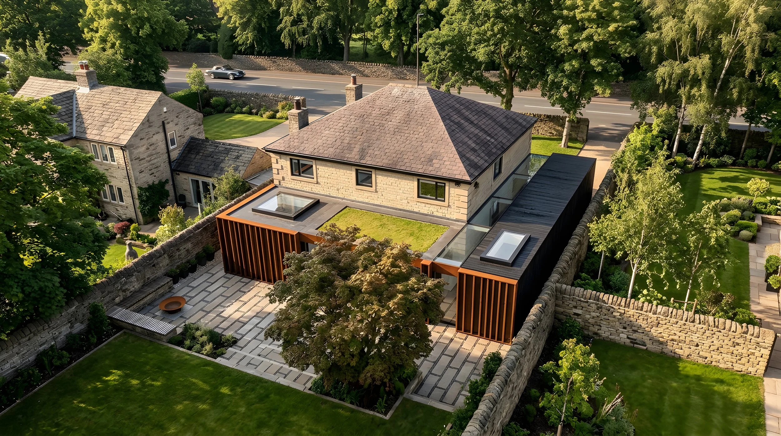 Aerial view of stone house with corten steel louvred extensions, walled courtyard garden, skylights and landscaped grounds, West Yorkshire.