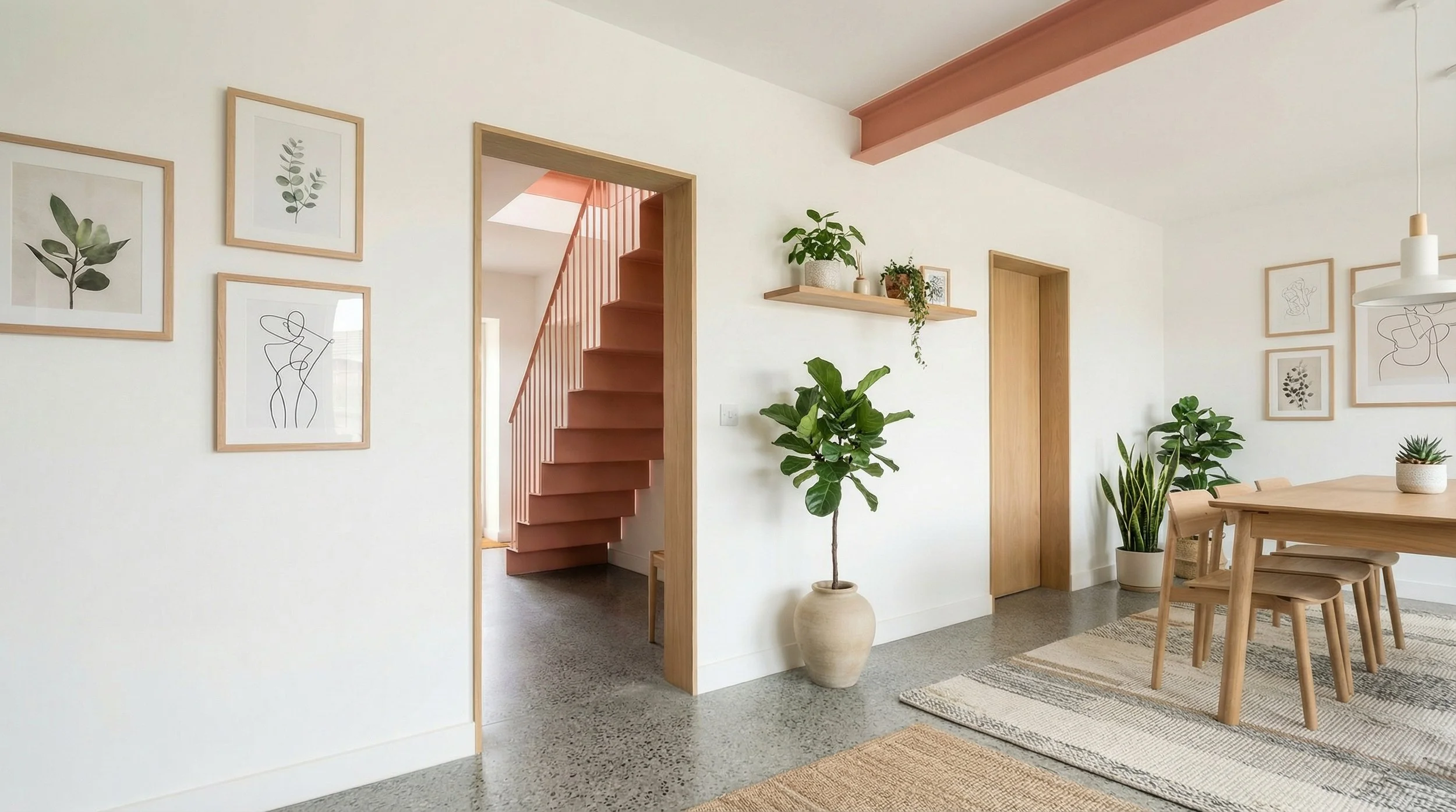 Open plan living and dining space with pink staircase visible through oak-framed doorway, terrazzo flooring and indoor plants.