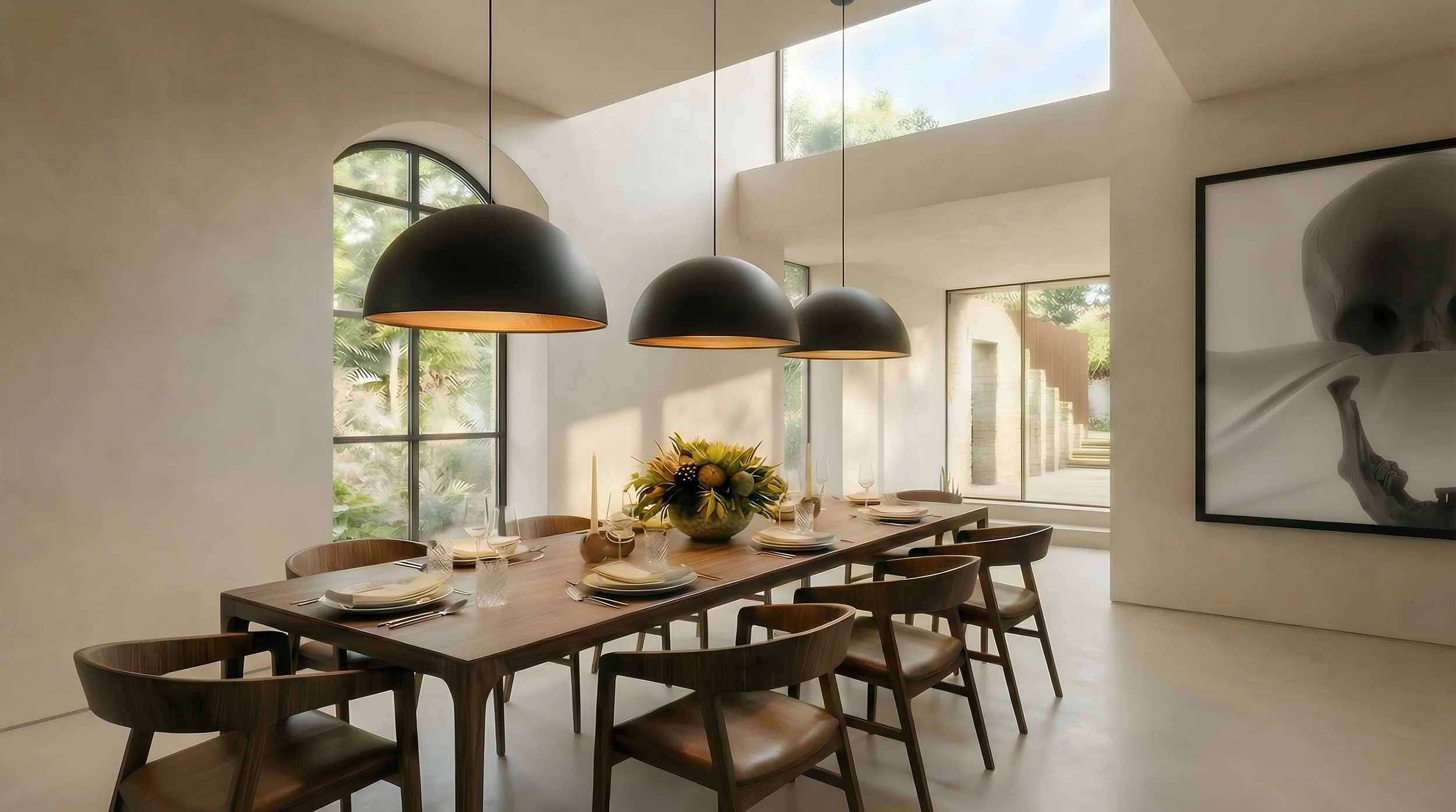 Formal dining room with double-height ceiling, walnut table and chairs, black pendant lights and arched window overlooking courtyard.