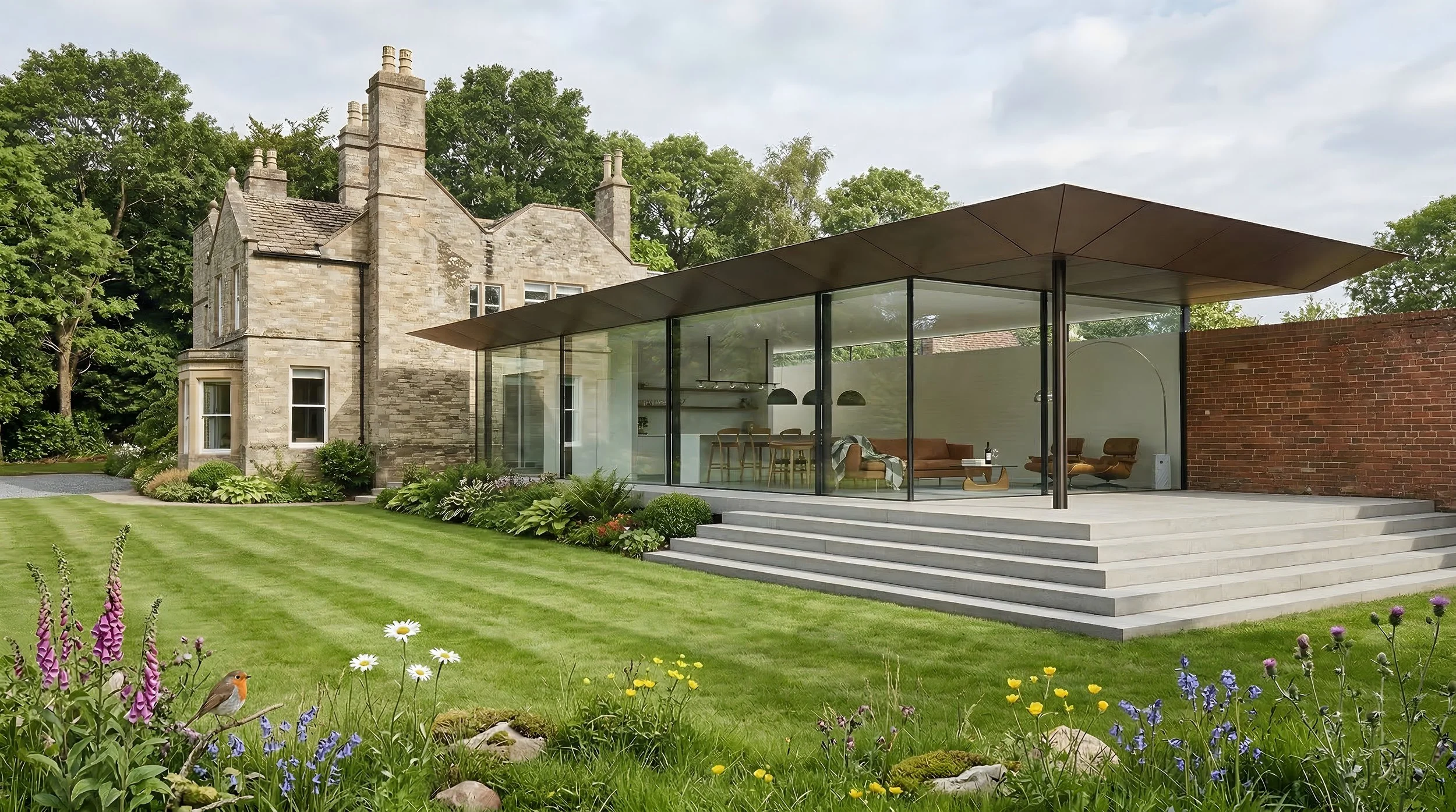 Perspective view of glass and steel flat-roof extension to stone Victorian house with raised terrace, wildflower garden and countryside views.