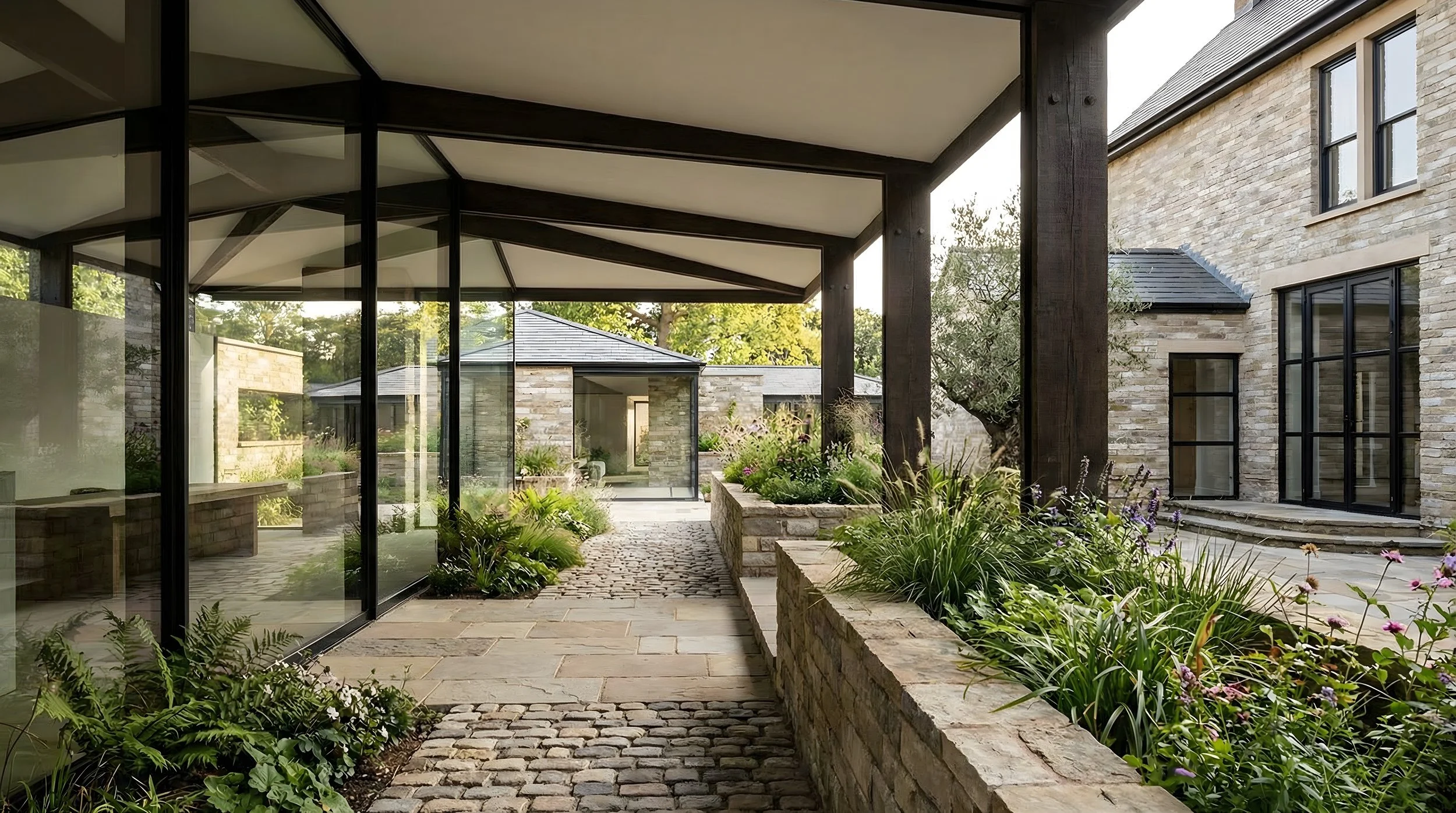 Covered garden walkway with steel and glass canopy, cobblestone path, wildflower planting and stone house beyond, residential extension.