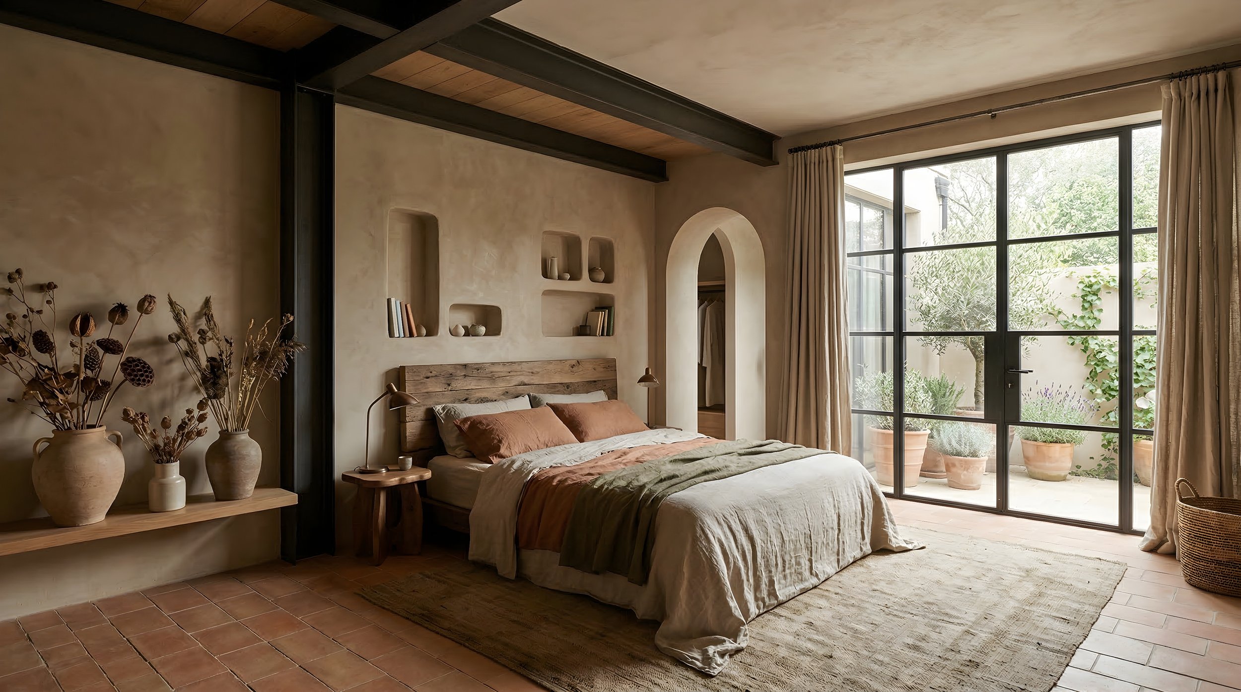 Master bedroom with lime plaster walls, reclaimed wood headboard, terracotta floor tiles, arched wardrobe and courtyard view.