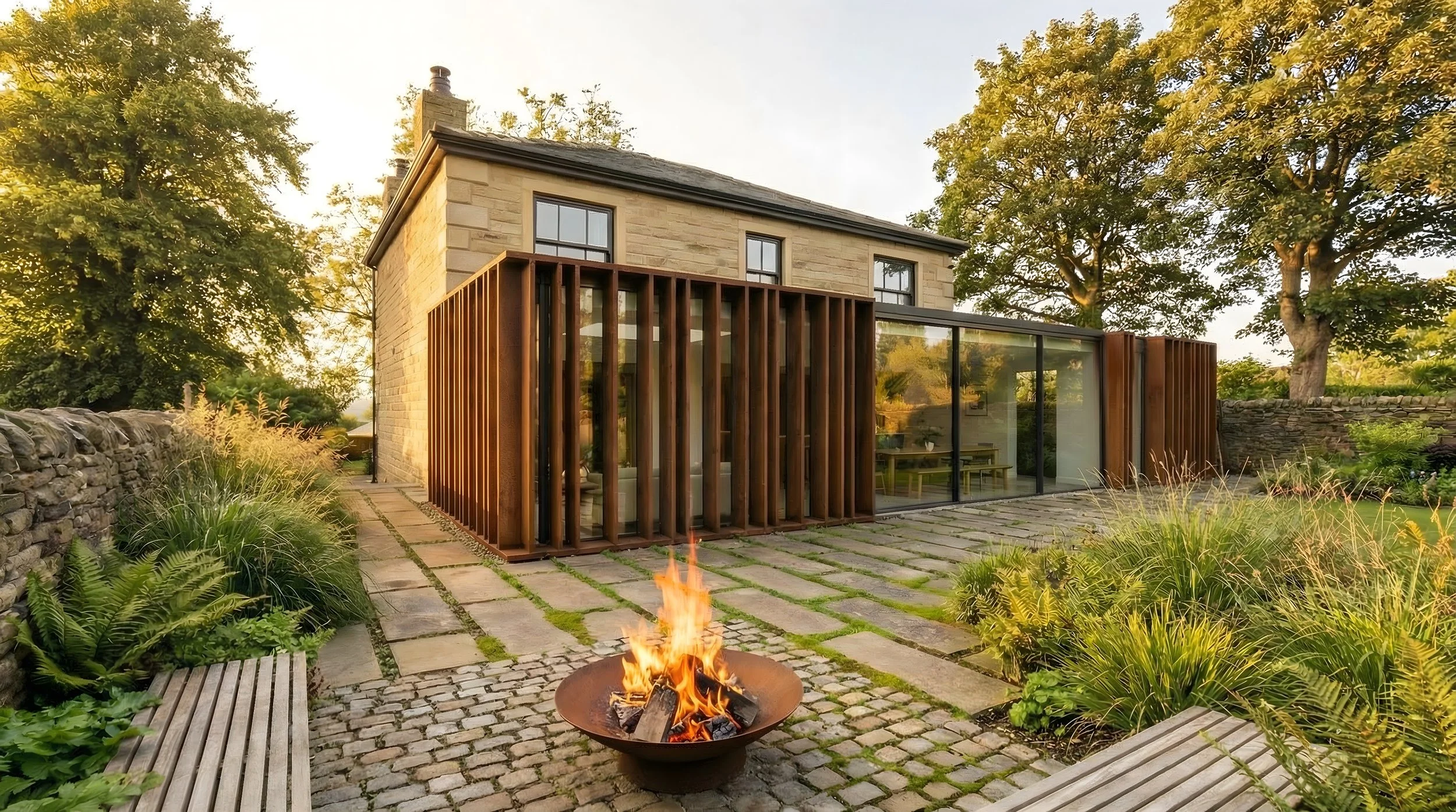 Stone house extension with corten steel louvred facade, floor-to-ceiling glazing, fire pit and cobbled garden terrace at dusk.