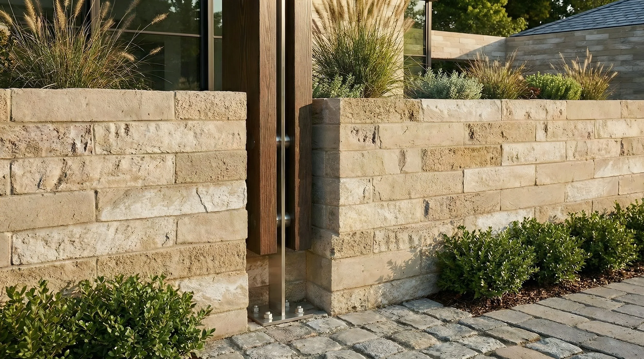 Close-up detail of reclaimed stone boundary wall with glass balustrade post, ornamental grasses and cobblestone driveway.