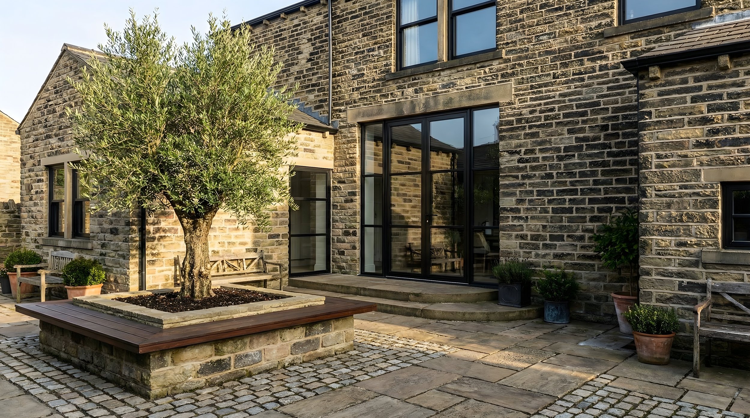 Courtyard garden of stone barn conversion with mature olive tree, hardwood bench planter, cobblestone paving and Crittall doors.