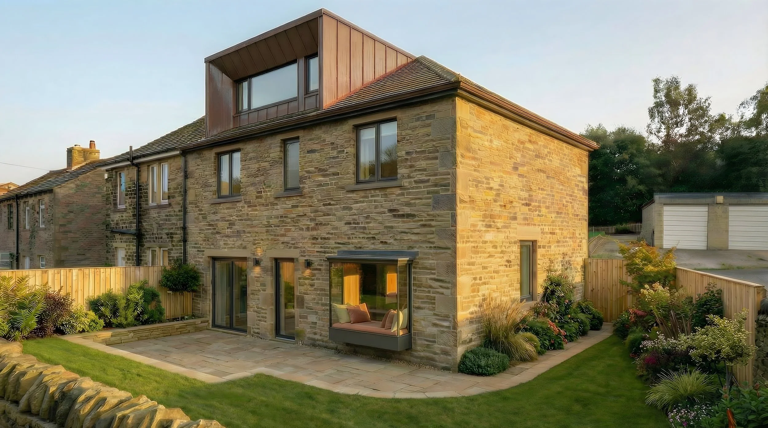 External view of stone house renovation with copper-clad dormer extension, bifold doors and landscaped garden, West Yorkshire.