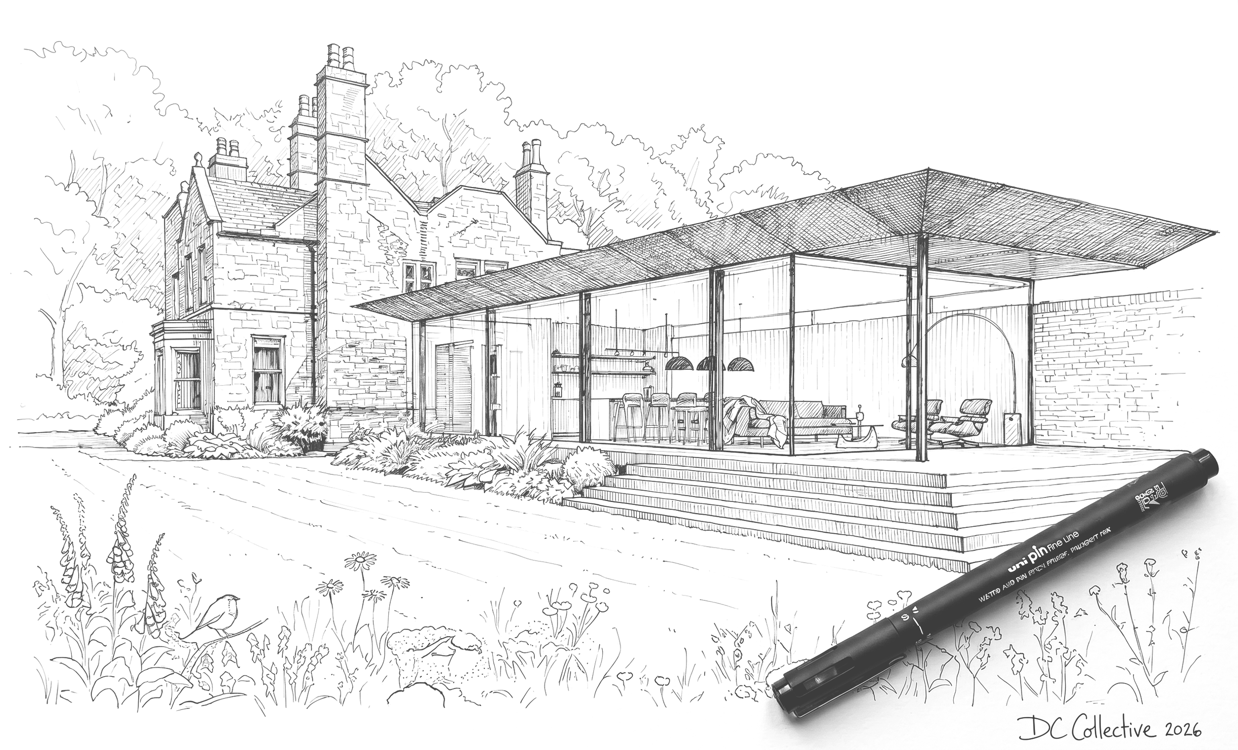 Perspective sketch view of glass and steel flat-roof extension to stone Victorian house with raised terrace, wildflower garden and countryside views