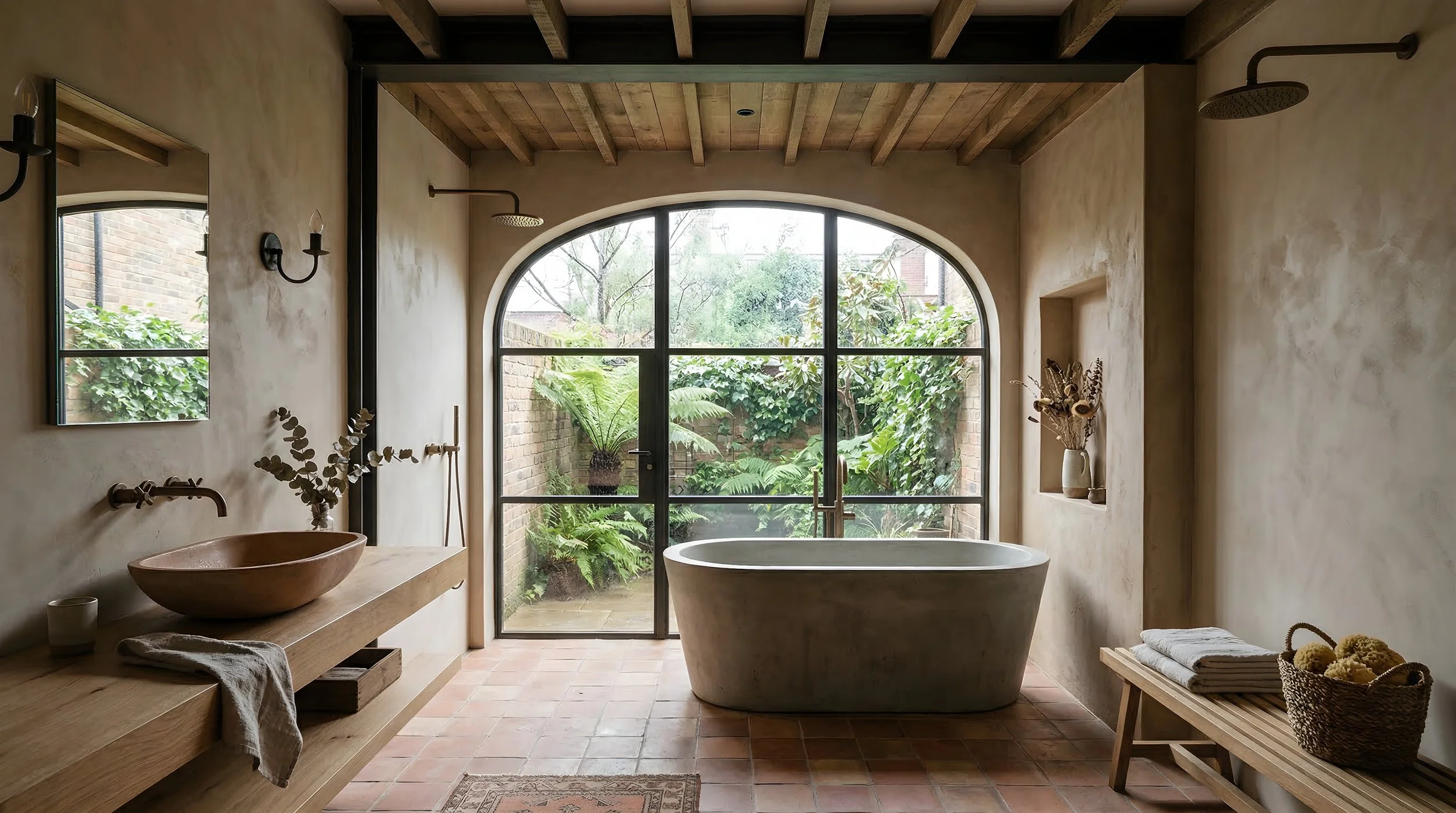 Luxury bathroom with concrete freestanding bath, arched steel Crittall window, terracotta tile floor and exposed timber beam ceiling.