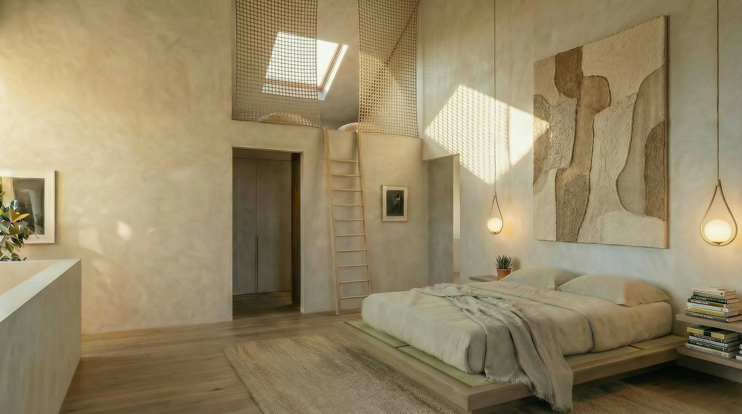 Double-height master bedroom with lime plaster walls, platform bed, rattan ceiling net mezzanine and skylight, luxury residential interior.
