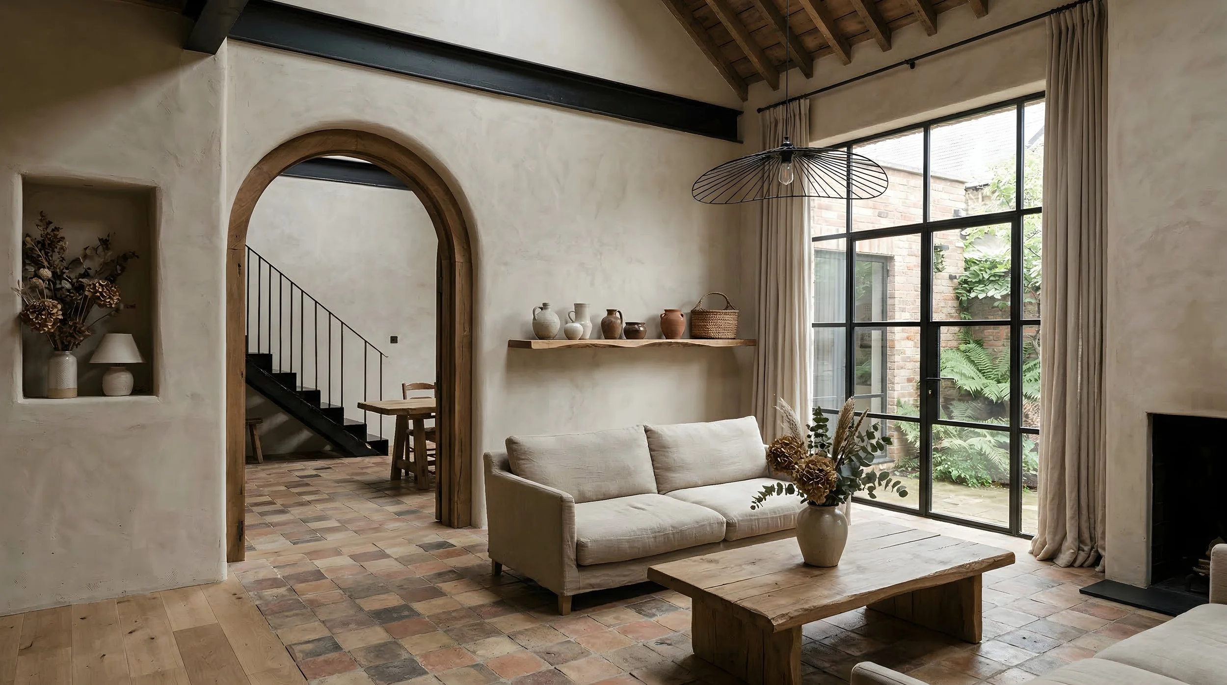 Open plan living room with arched oak doorway, lime plaster walls, terracotta tile floor and steel-framed crittall windows to garden.