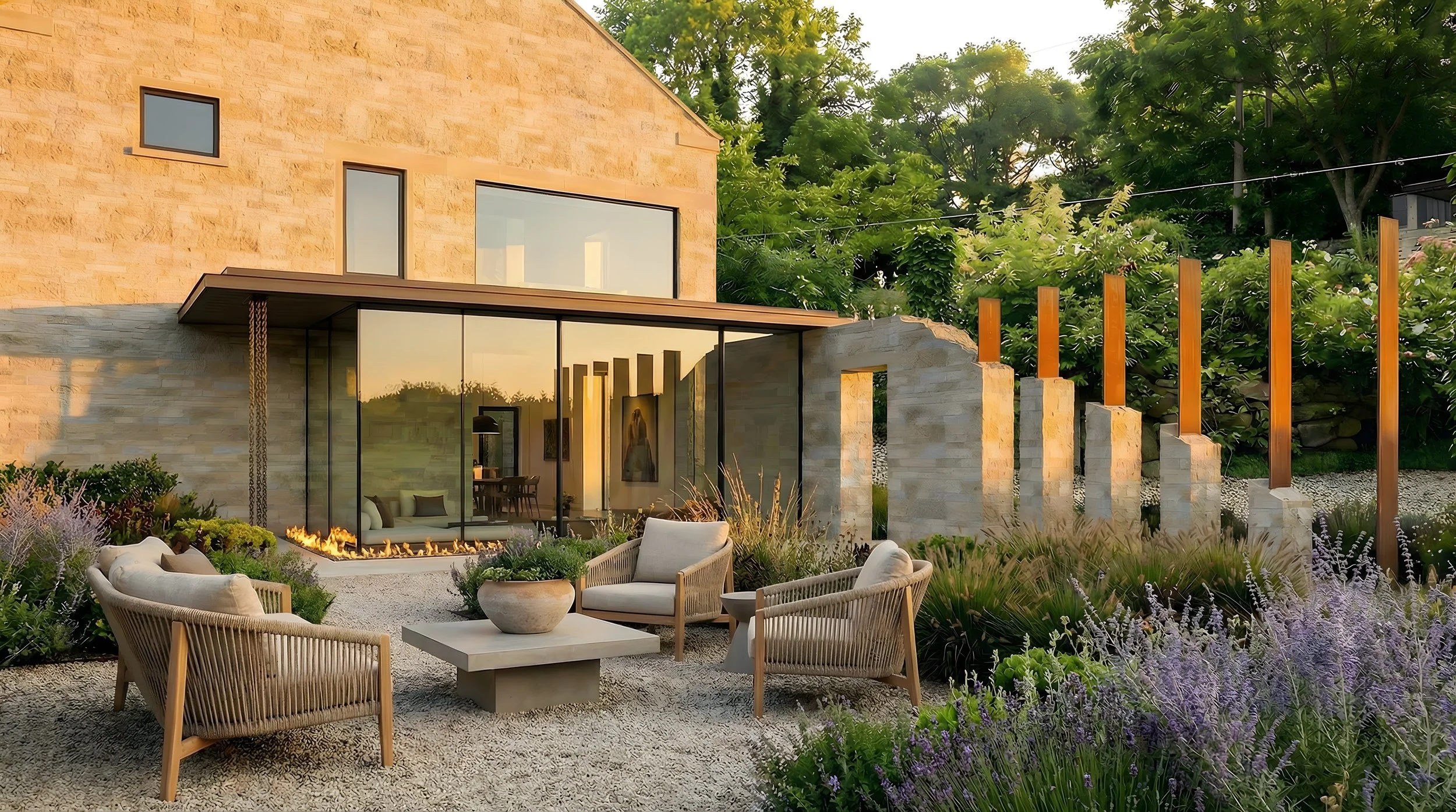 Stone house extension with floor-to-ceiling glazing, outdoor fireplace, gravel garden and lavender planting, luxury residential renovation.