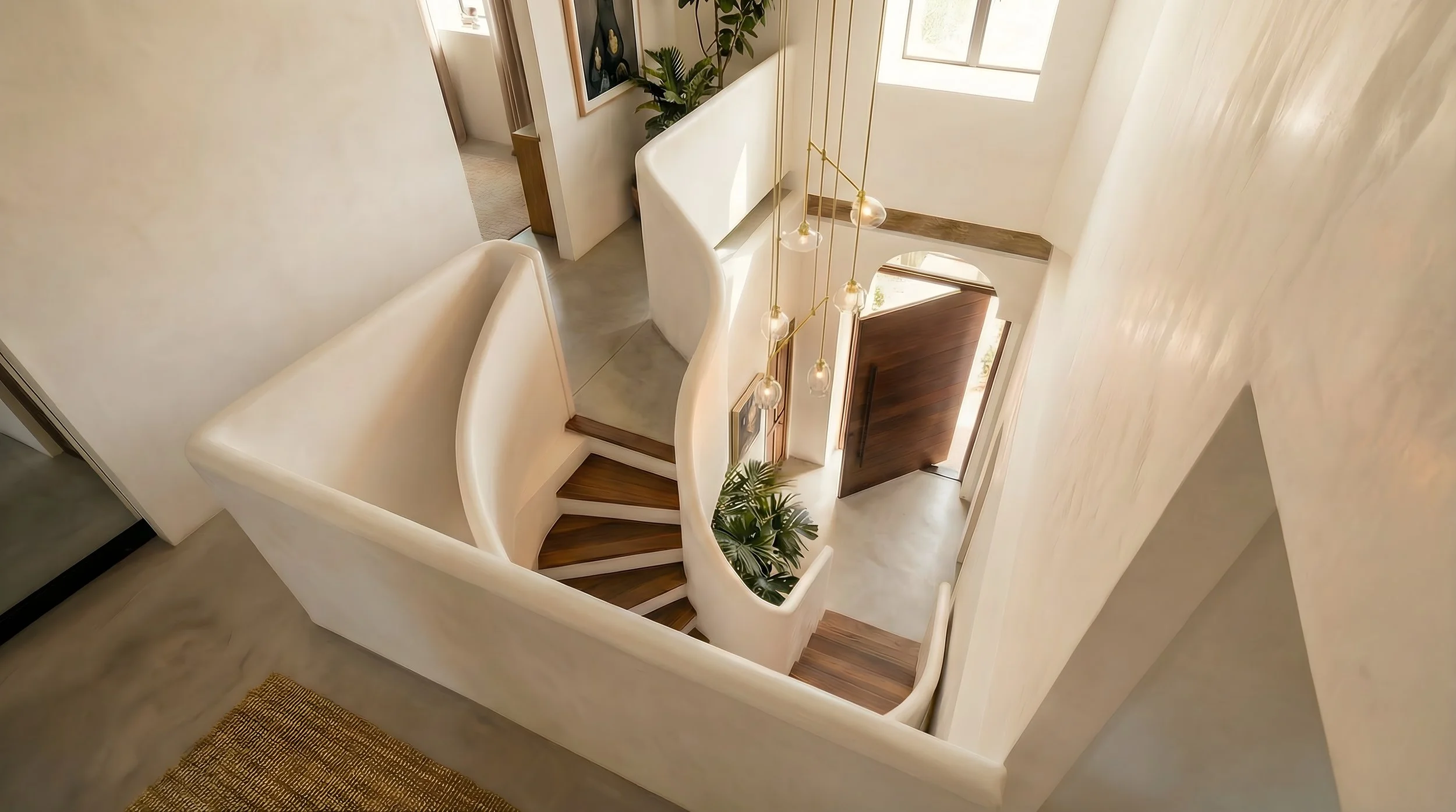 Overhead view of sculptural curved staircase with walnut treads, pendant lighting and arched front door, luxury home interior design.