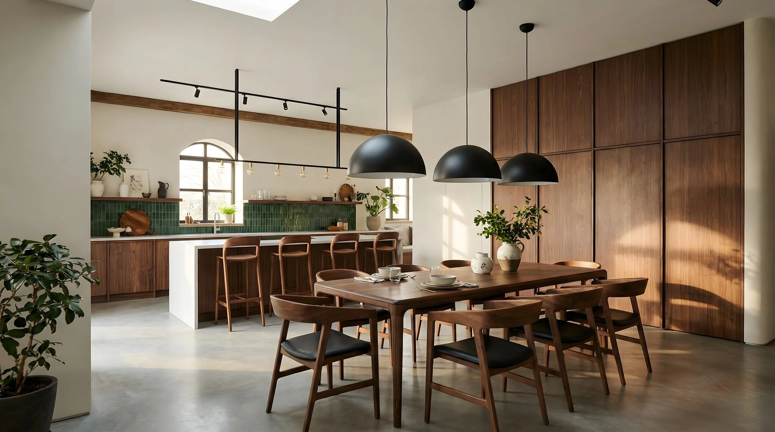 Open plan kitchen diner with walnut cabinetry, green zellige tile splashback, concrete floor and black dome pendant lights.