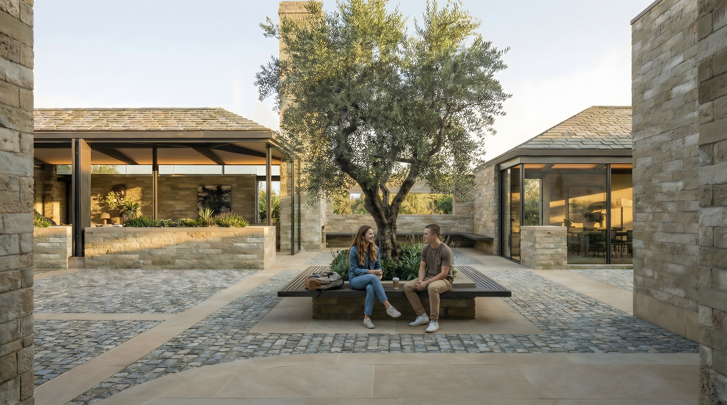 Walled courtyard with central olive tree seating feature, mixed stone and cobble paving, and glazed extensions to either side.