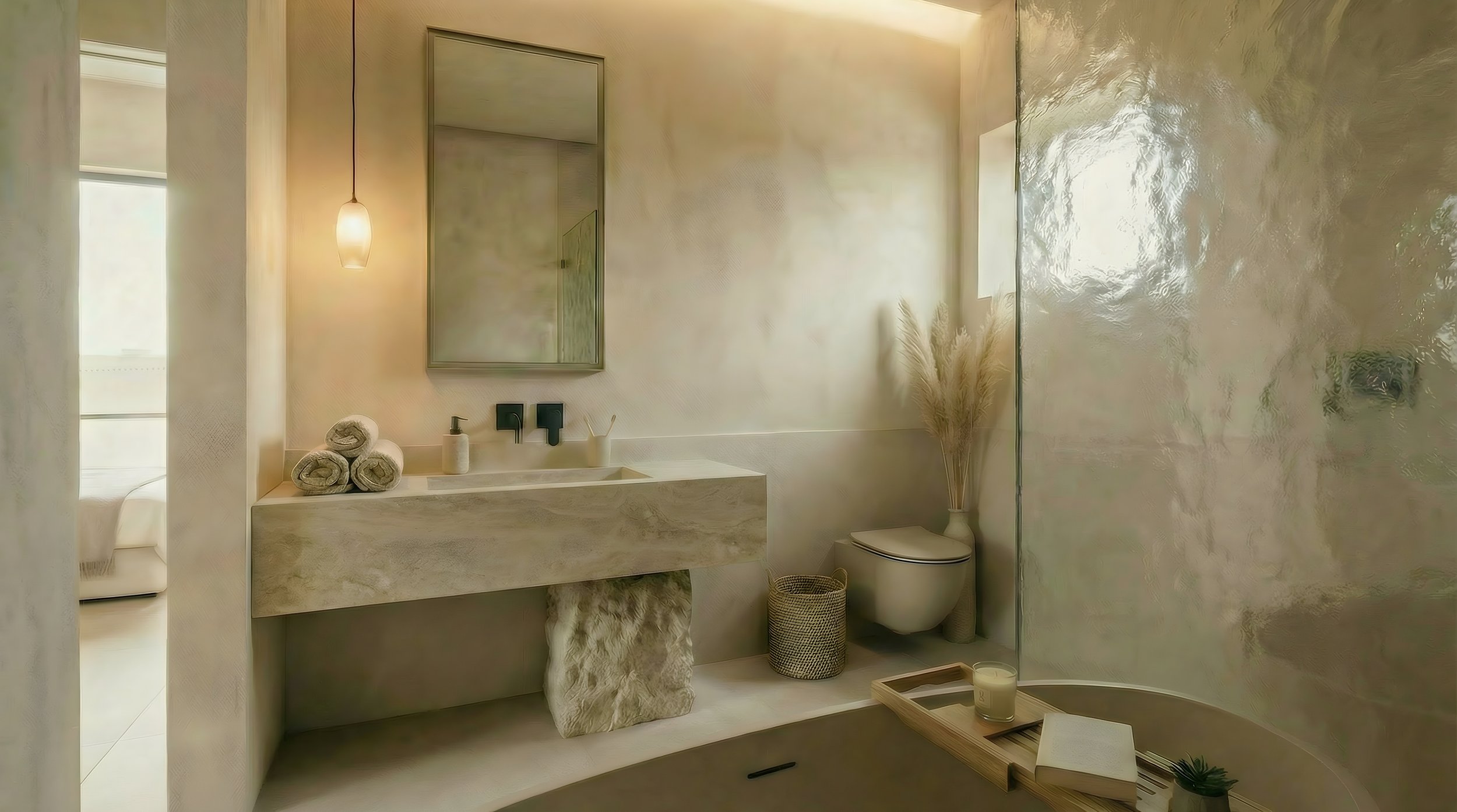 Luxury ensuite bathroom with lime plaster walls, travertine basin, freestanding bath and illuminated glass shower screen.