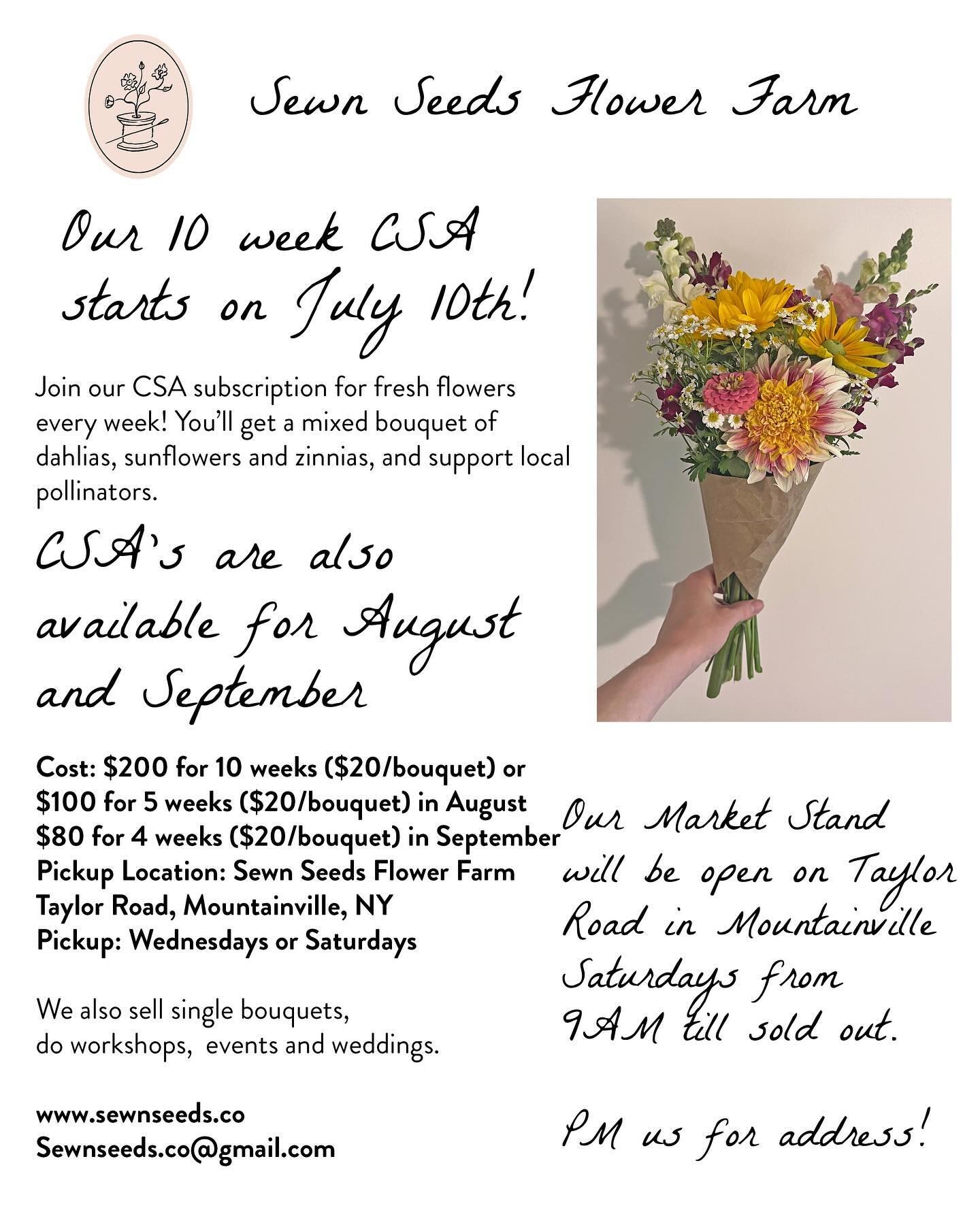 Our CSA starts this week! Spots are still open so sign up if you&rsquo;d like to have gorgeous flowers every week! Monthly CSA&rsquo;s are also available for August and September.  We can&rsquo;t wait to see our blooms in your vases!

#slowflowers #c