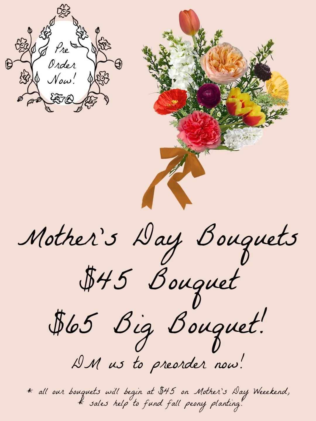 We&rsquo;re excited to announce that Mother&rsquo;s Day Preorders have begun! Celebrate Mom with one of two lovely bouquets, filled with seasonal blooms.  Please send this post to someone who might need a good hint, and DM us to preorder, quantities 