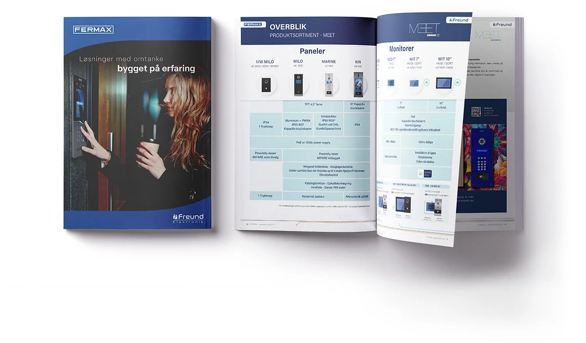 Interaktiv Fermax-brochure med dørstationer, monitorer og produktsortiment