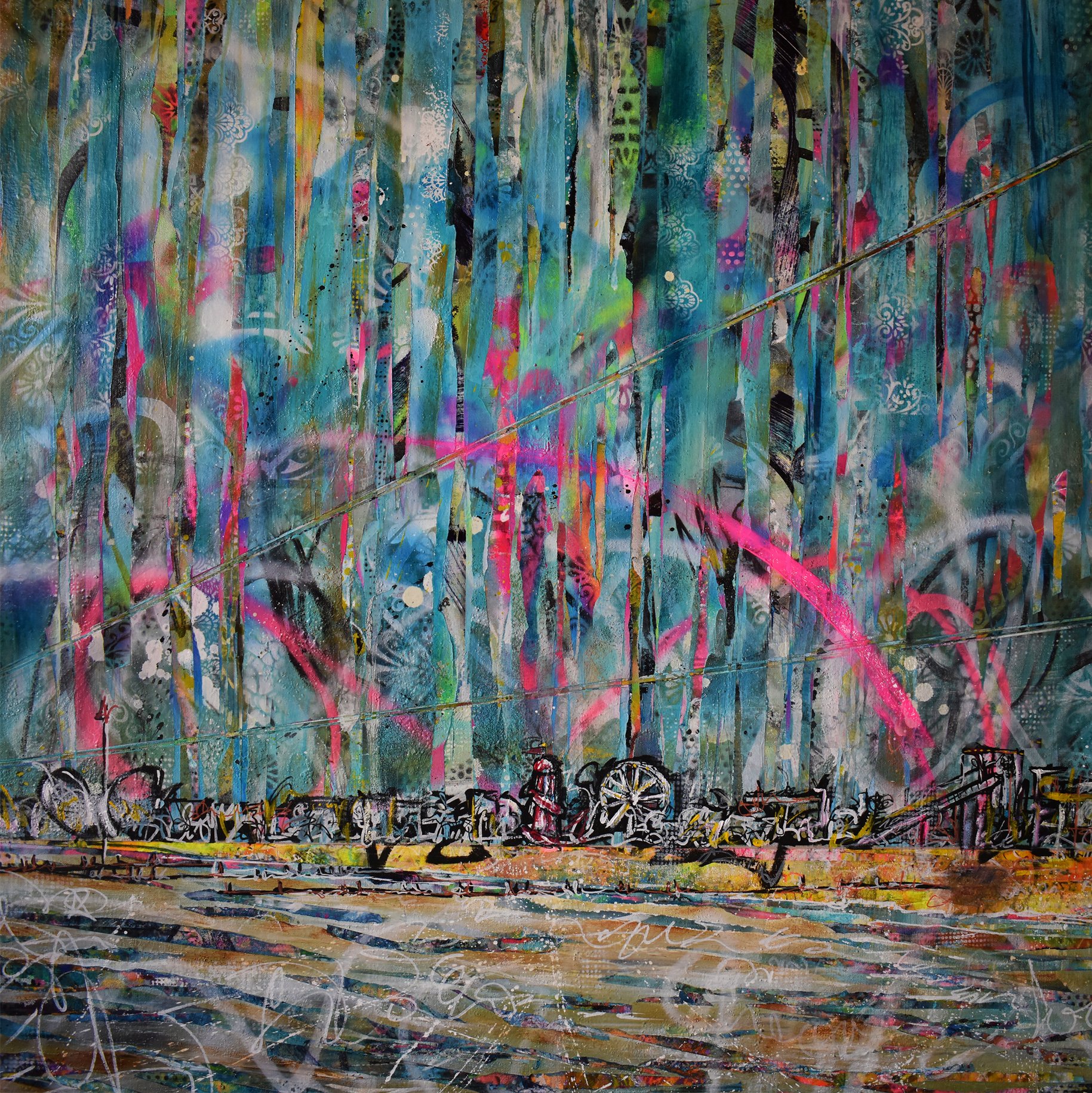 Three Year Old With a box of Crayons and a Ball Point Pen
Acrylic, Spray paint on Canvas
100cm x 100cm
£800.00