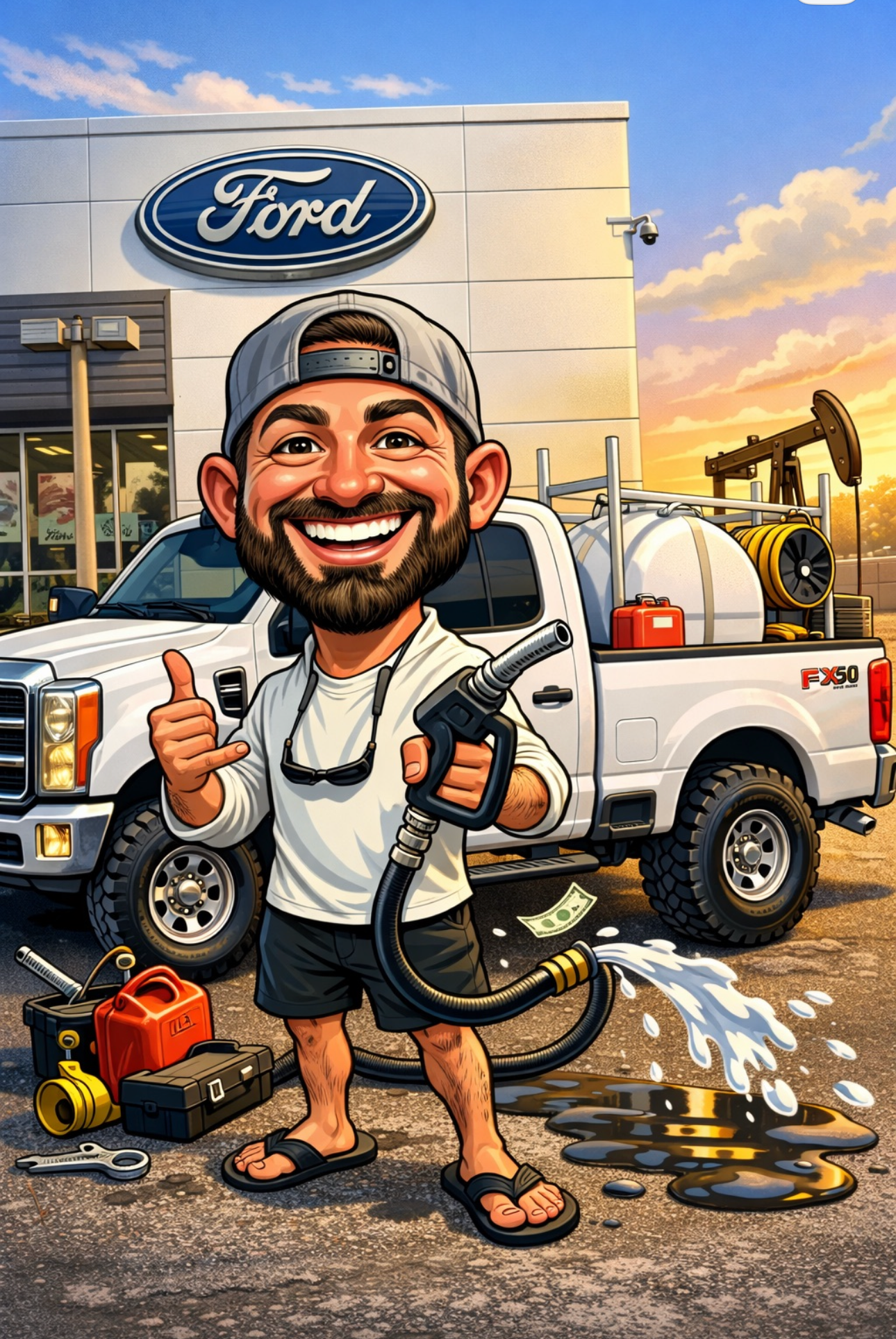 A cartoon-style illustration of a smiling man at a Ford dealership holding a garden hose spraying water onto the ground. The man is wearing a backward cap, sunglasses around his neck, and sandals. He is surrounded by tools and equipment, with a work truck behind him. The background features a Ford sign on the building and a sunset sky.