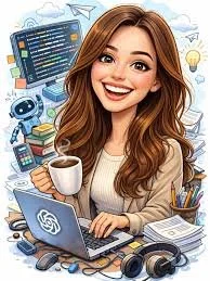 Cartoon woman working at a desk with a laptop, surrounded by books, tech gadgets, and a coffee mug, smiling cheerfully.