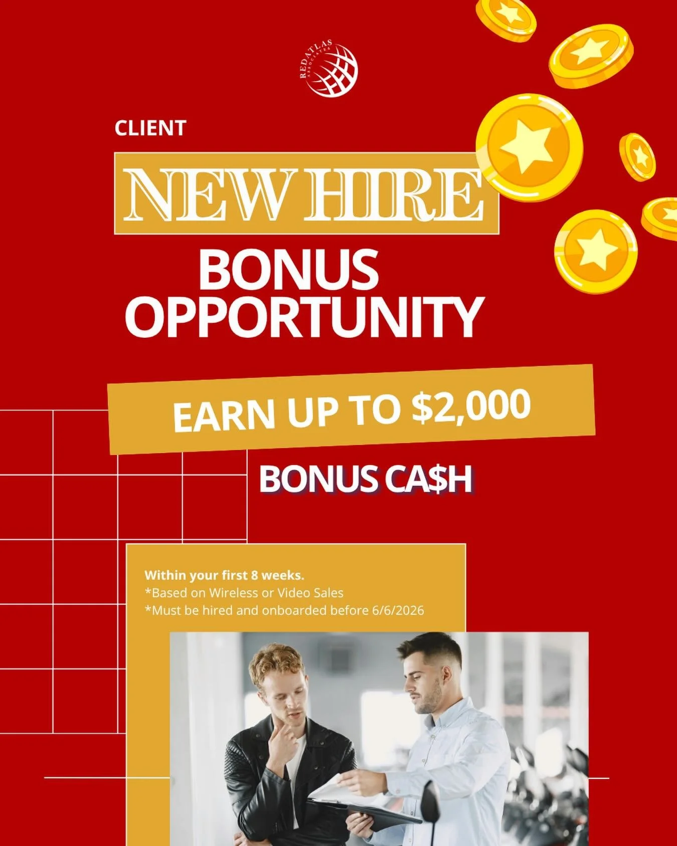 We love working with and representing our client for many reasons, especially the support they provide us on all levels. They are generous enough to offer a new hire bonus where someone has 8 weeks to hot different tiers of sales metrics, giving them