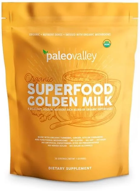 Yellow resealable bag of Paleovalley Organic Superfood Golden Milk dietary supplement with illustrations of turmeric, ginger, and Ceylon cinnamon. the better gut club gut health holistic healing