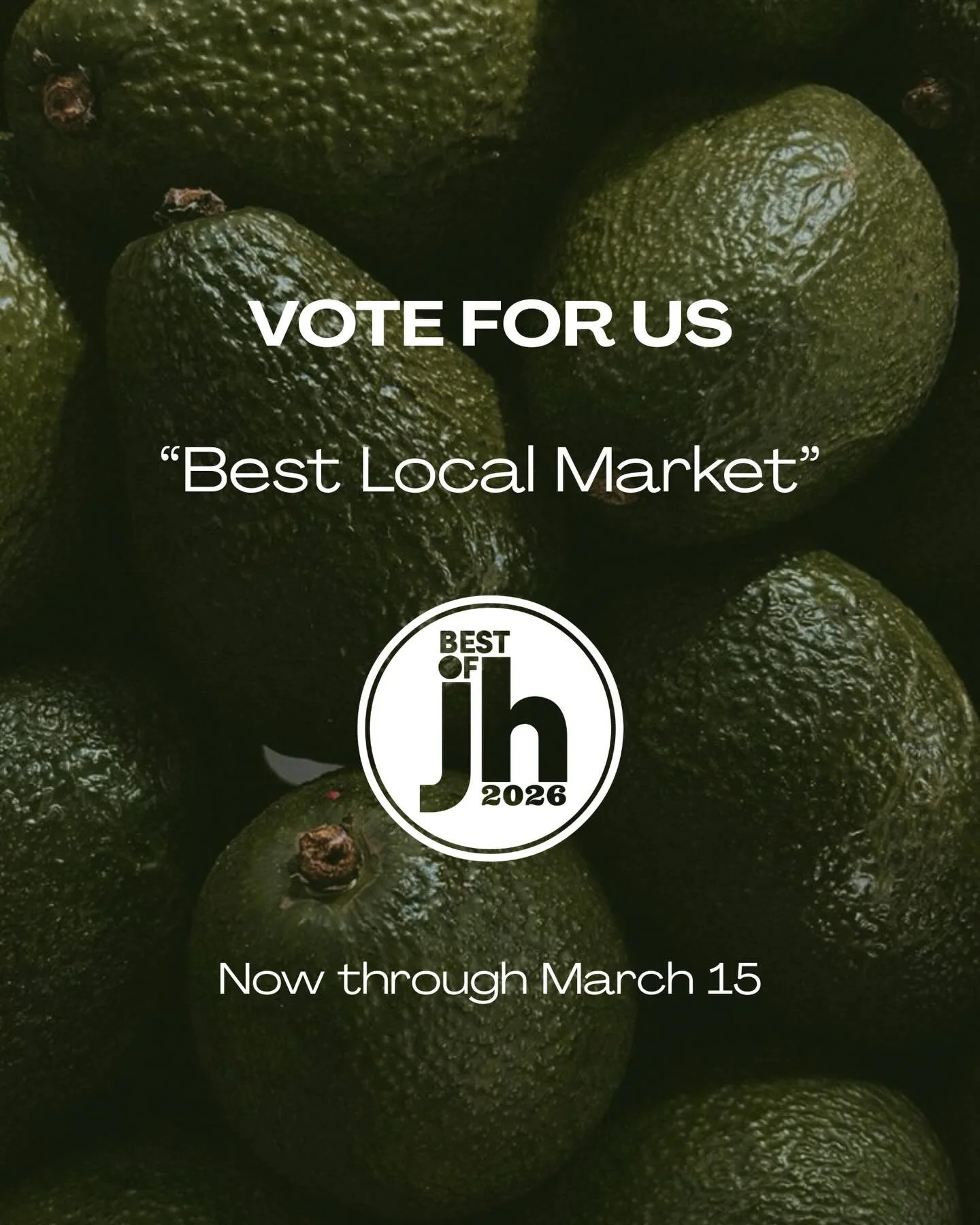 We&rsquo;re nominated for Best Local Market in Best of Jackson Hole! 

If we&rsquo;ve been your ski-day snack stop, your &ldquo;what am I making for dinner?&rdquo; solution, or your Sunday ritual, we&rsquo;d love your vote.

Head to bestofjacksonhole