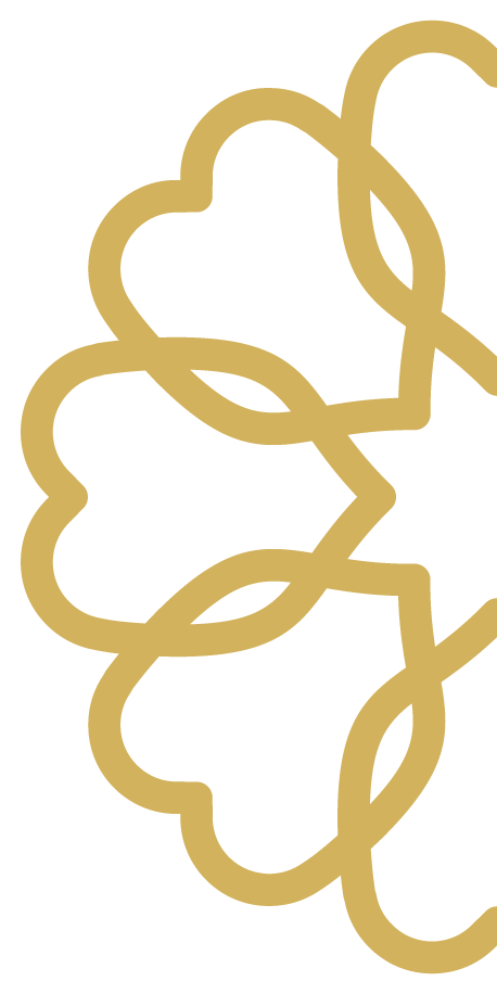 Gold metallic decorative line art of overlapping leaves or cloud-shaped patterns.