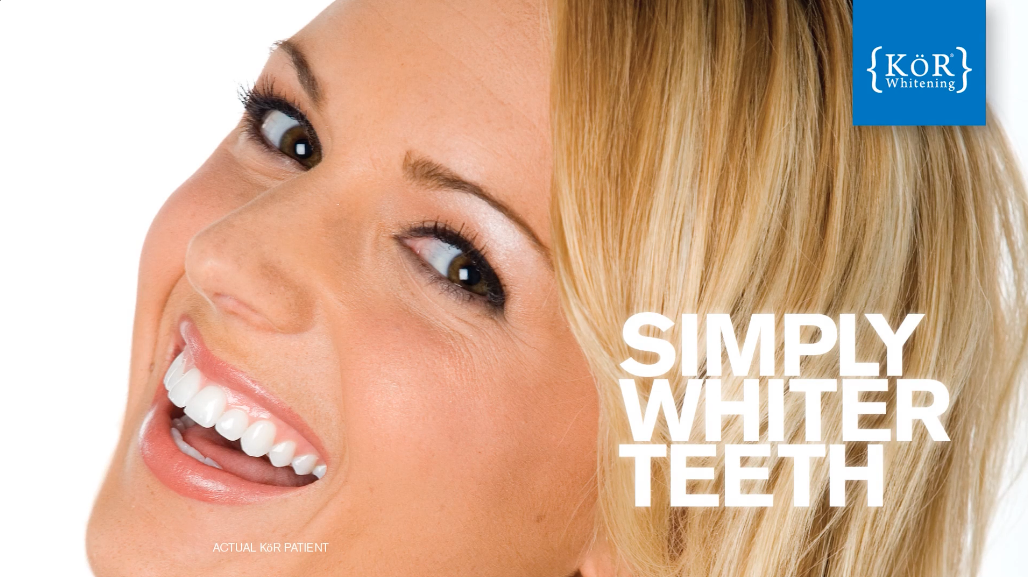 Close-up of a smiling woman with white teeth, blonde hair, and light skin, promoting KOR whitening
