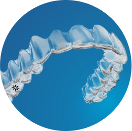 A clear printed teeth aligner with a blue background