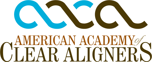 Logo of American Academy of Clear Aligners with stylized interconnected blue and black loops and text in brown.