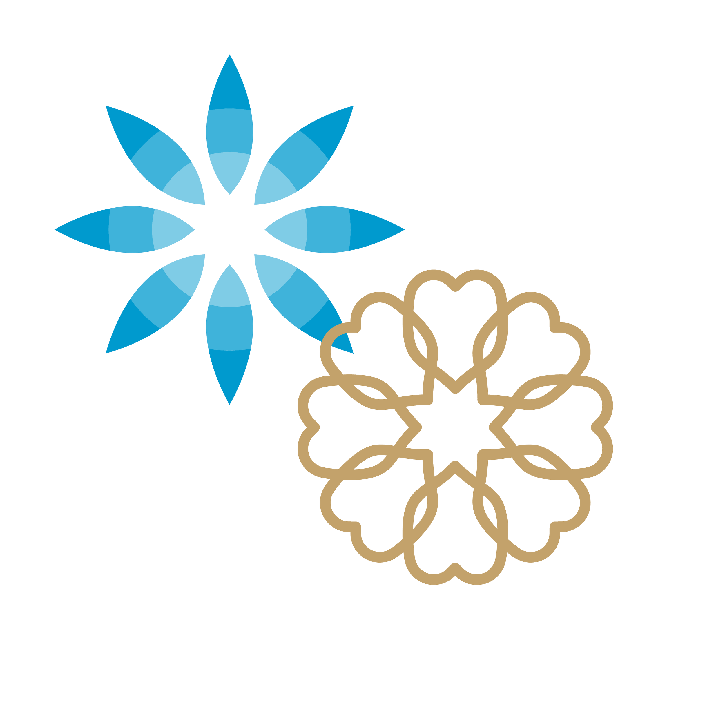 Stylized flower with eight petals symbolizes the invisalign logo mark interconnected with the Lakeshore East Dental Arts logo mark