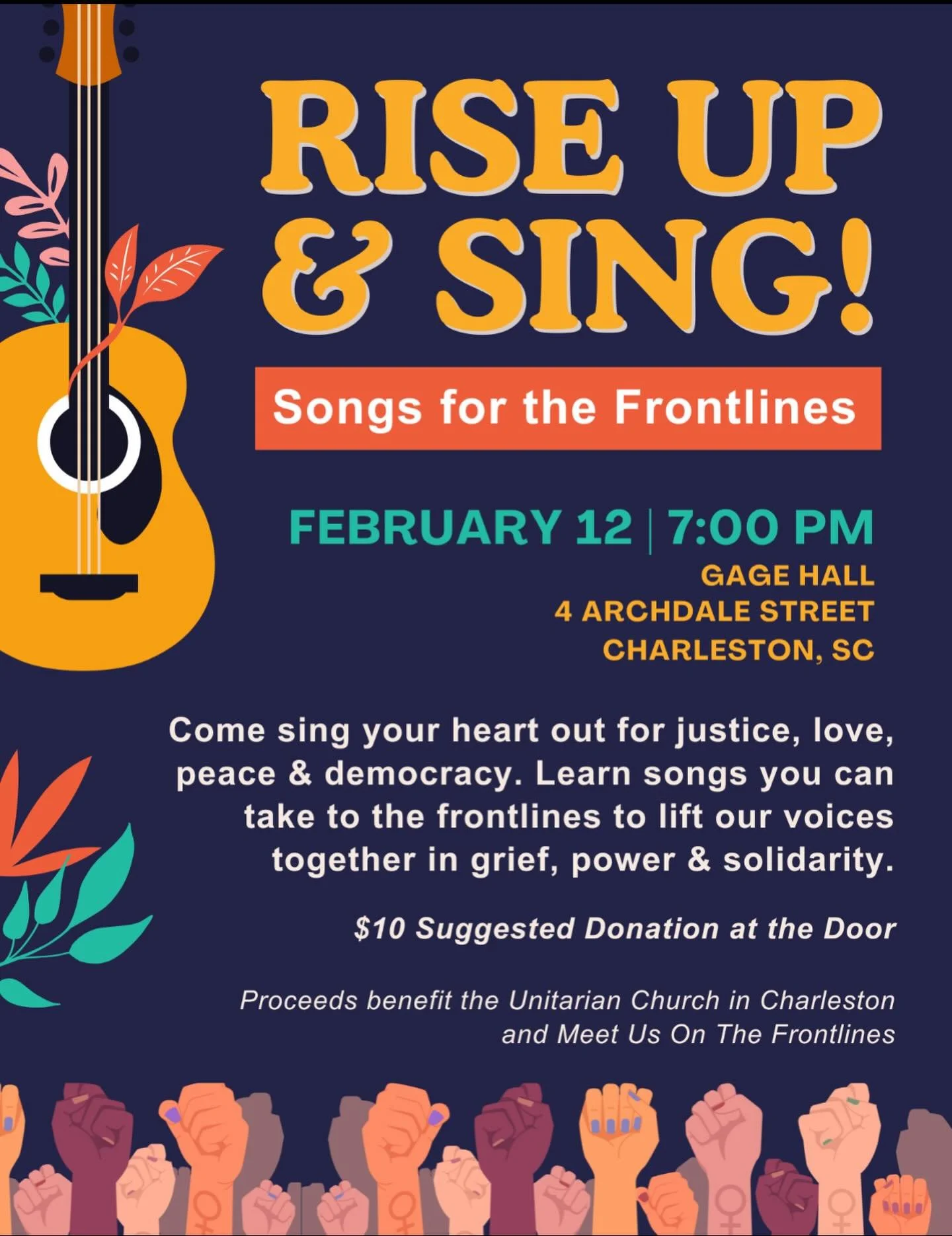 We are so excited to be co-hosting this event with the @unitarianchurchincharleston! 

Come sing your hearts out for justice, love, peace and democracy. Learn songs you can take to the frontlines to lift our voices together in grief, power and soli