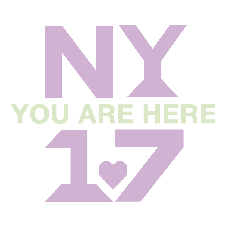 The plus one logo which is blocking purple text that reads NY 17, with a heart between the 1 and the 7 and green capital letters that read You Are Here