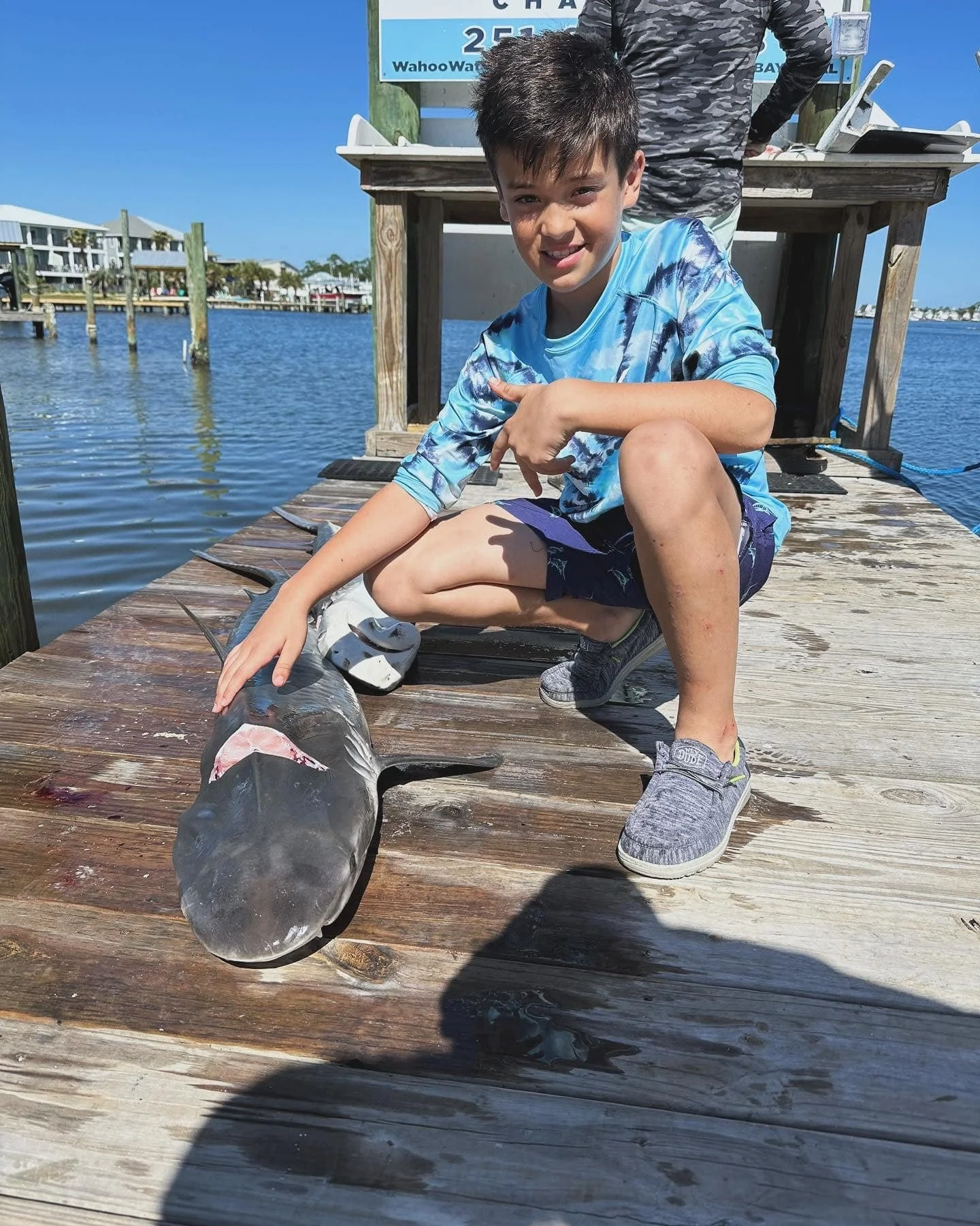 Boy in blue tie-dye shirt kneeling on wooden dock next to shark, with hand on shark's back; lake and houses in background under clear sky.