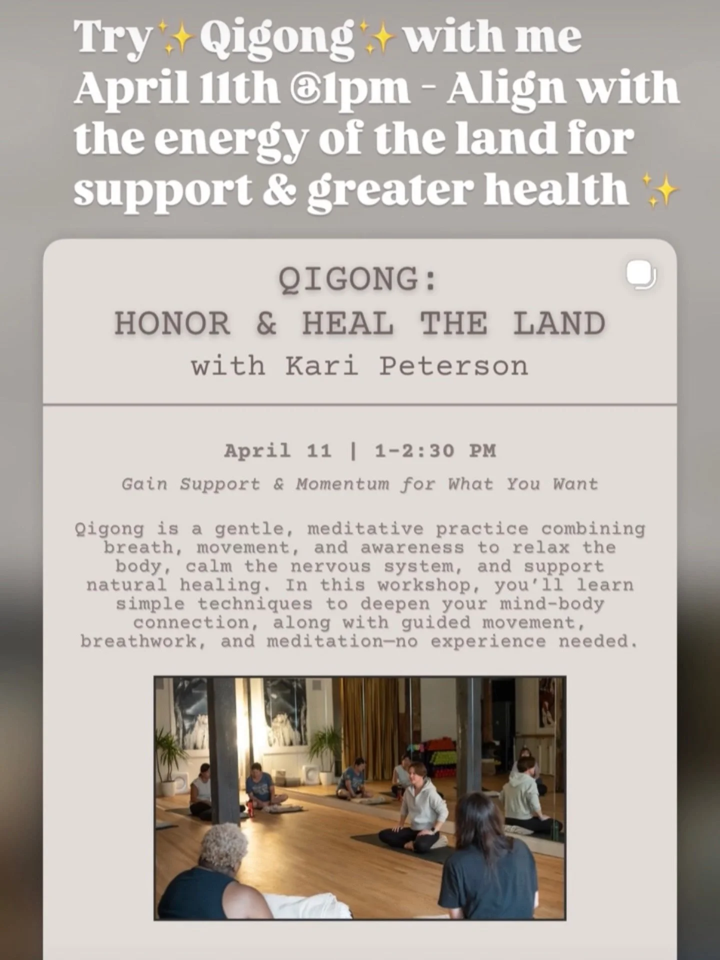 Come try Qigong with me! All are welcome. 📍Saturday, April 11th at 1pm @space_sunna 📍Register ahead www.spacesunna.com/all-events