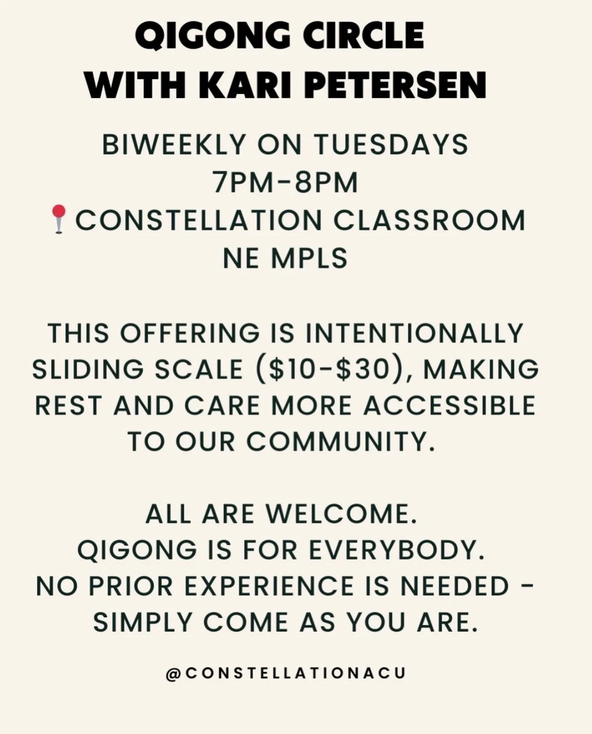 Come try Qigong with me every other Tuesday now through June, 7-8pm 📍@constellationacu  new community classroom Space in NE Minneapolis.  All are welcome! Register ahead at 🛜 www.constellationacu.com/events