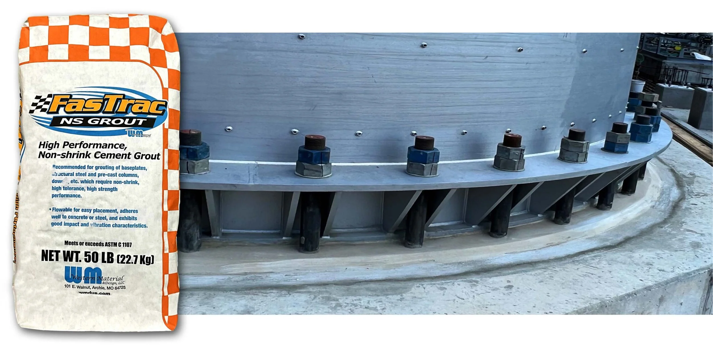 FasTrac NS non-shrink cementitious grout bag beside industrial equipment foundation