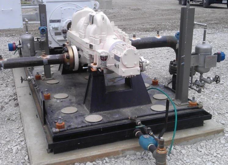 Industrial pump mounted on Escoweld epoxy grouted concrete foundation