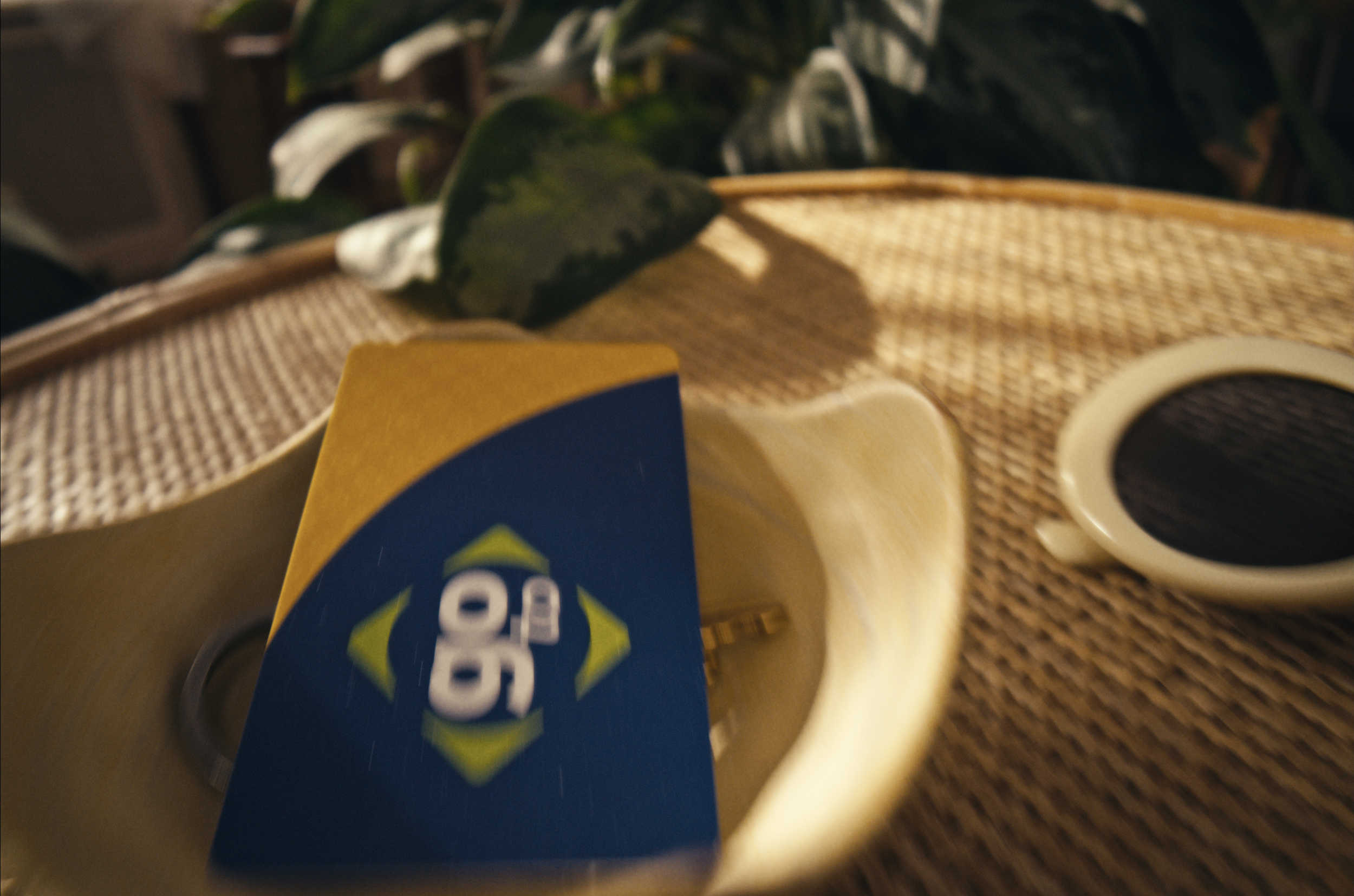 Close-up of a table with a cup of coffee, a plant, and a yellow and blue card or booklet on a woven placemat.