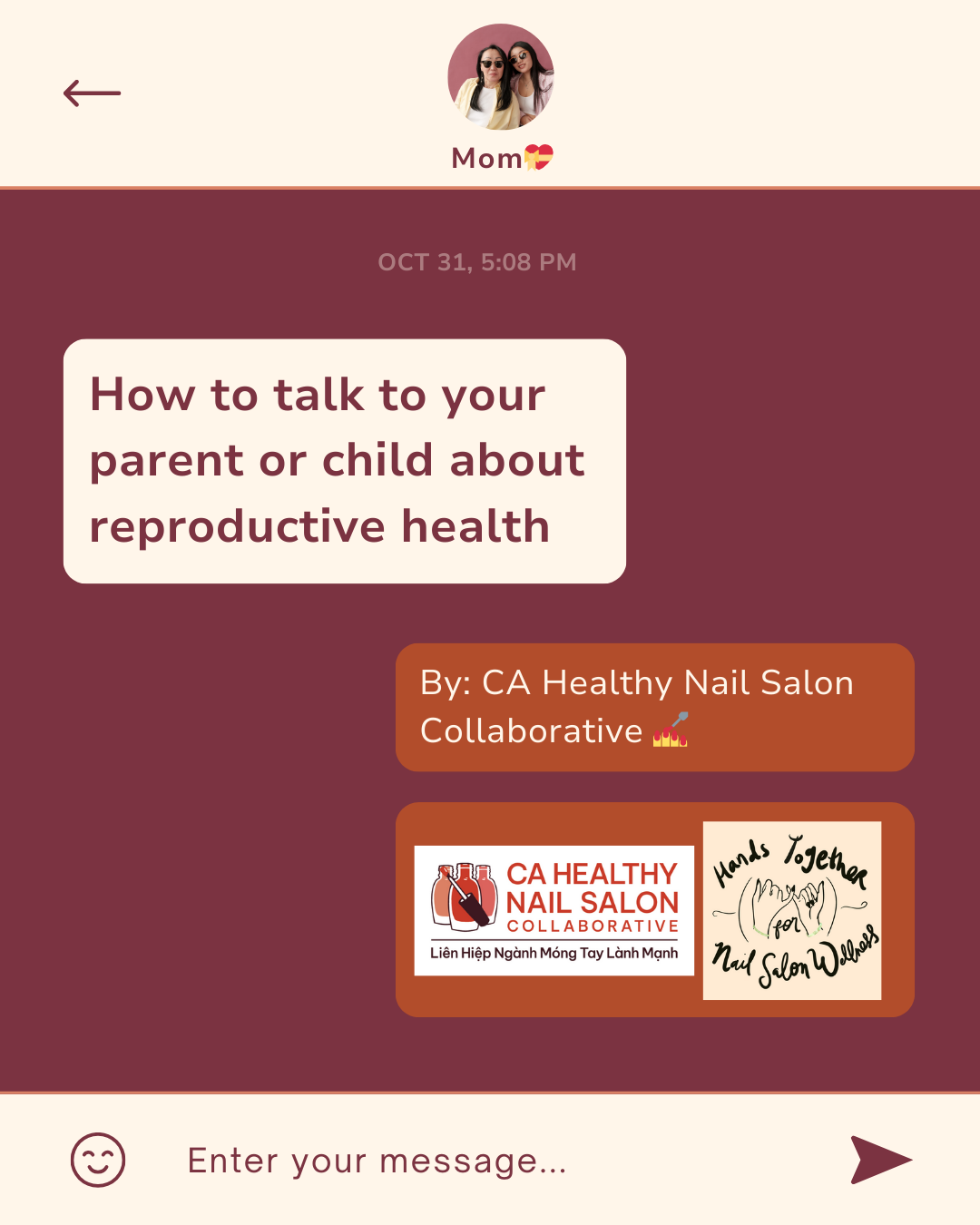 Image of a conversation between parent and child about reproductive health via text